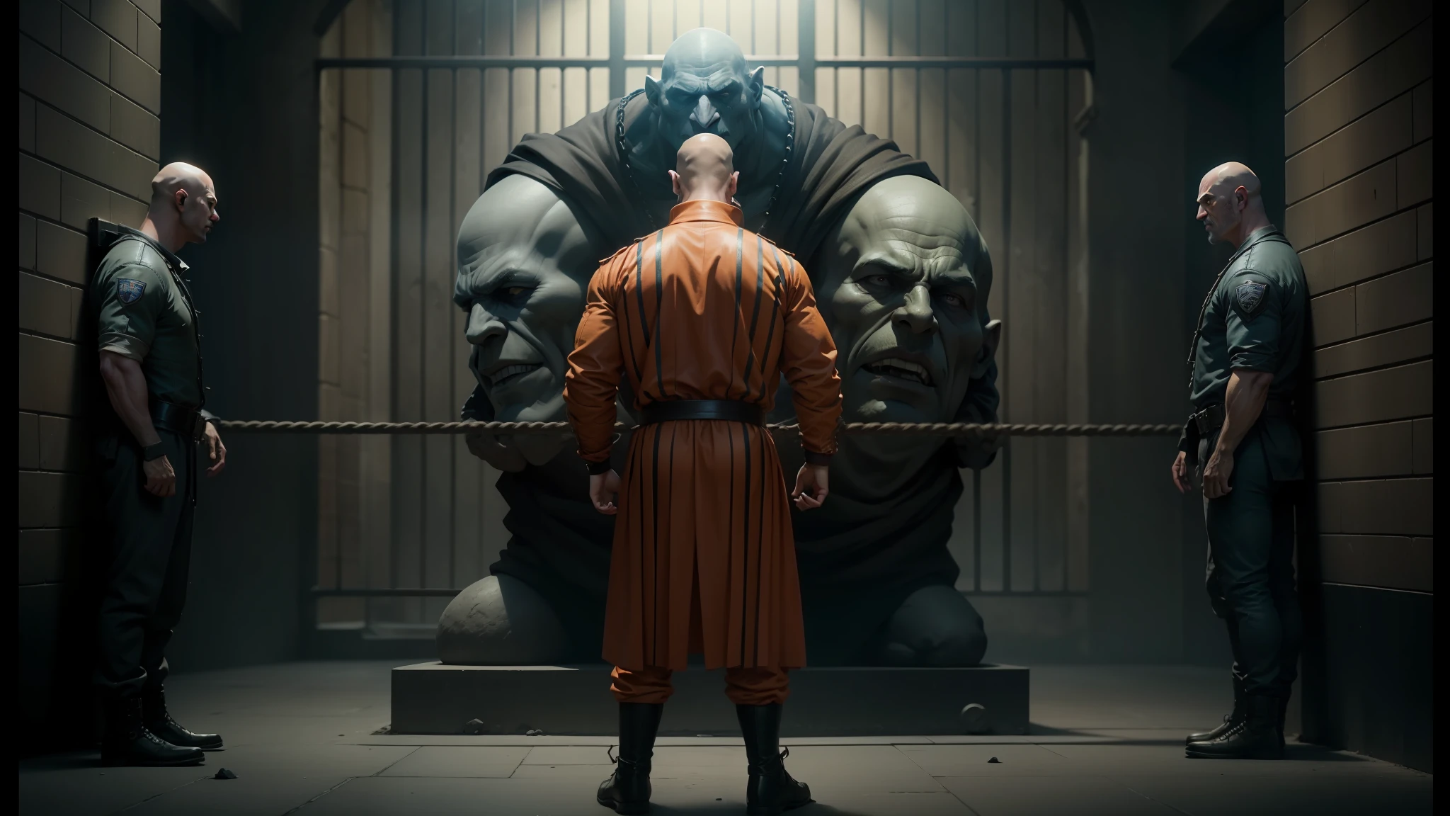 arafed man in orange prison outfit standing in front of a group of men, from netflix's arcane, prison scene, from the sandman netflix show, cgi art, arcane from netflix, prisoner, prison, baraka, still frame from a movie, film still of voldemort, cgi clay sculpture, wilson fisk, mindscape, screenshot from a movie --auto --s2