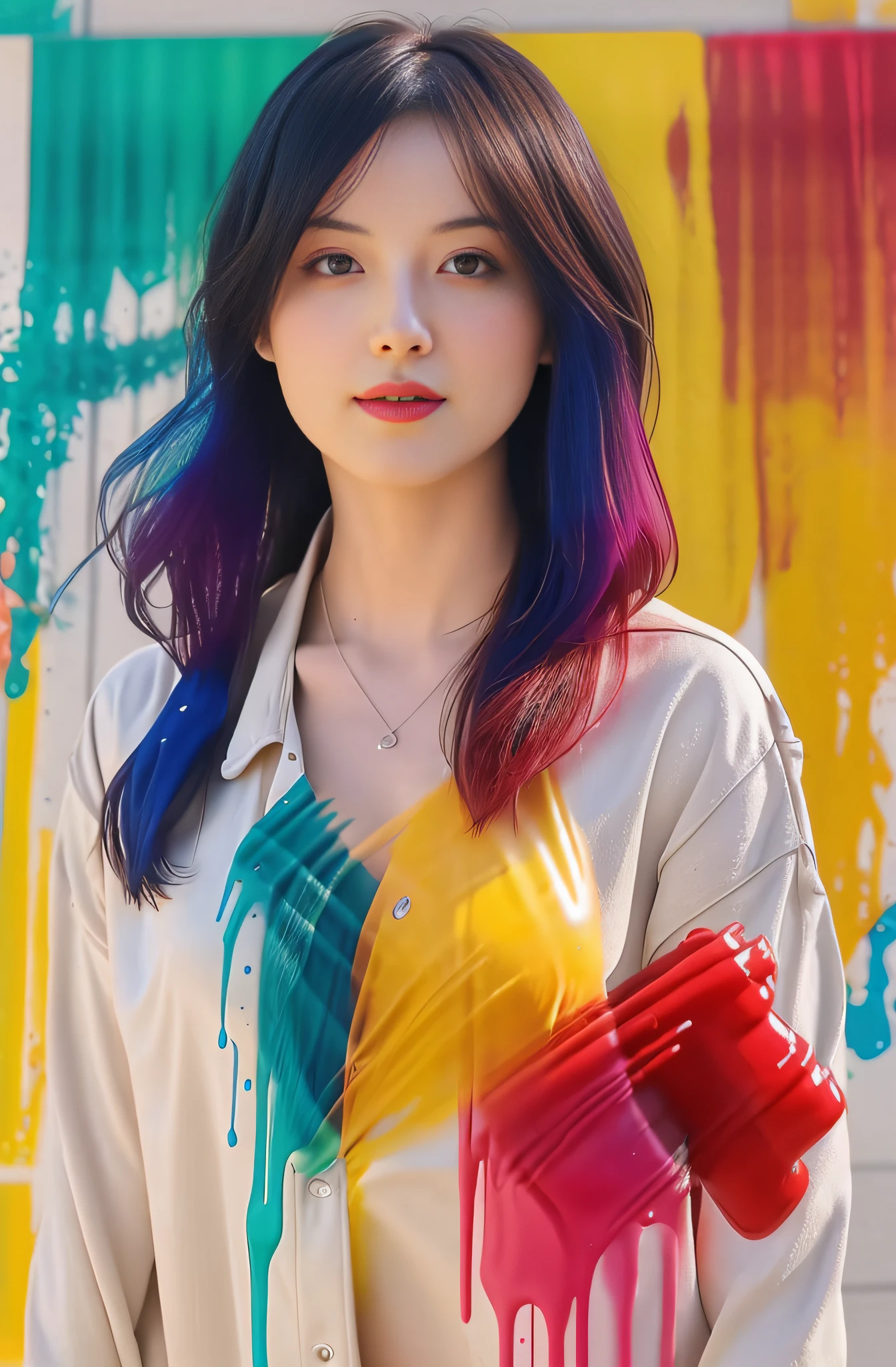 A ???? woman  with splashes of colorful paint, ultra fine photography quantum wave tracing, dynamics, ultra minimalism, elegant, gorgeous, global illumination theme lighting ultra realistic, photorealistic volumetric light 3d, Full HD ultra detailed, ultra Detailed, exceptionally detailed