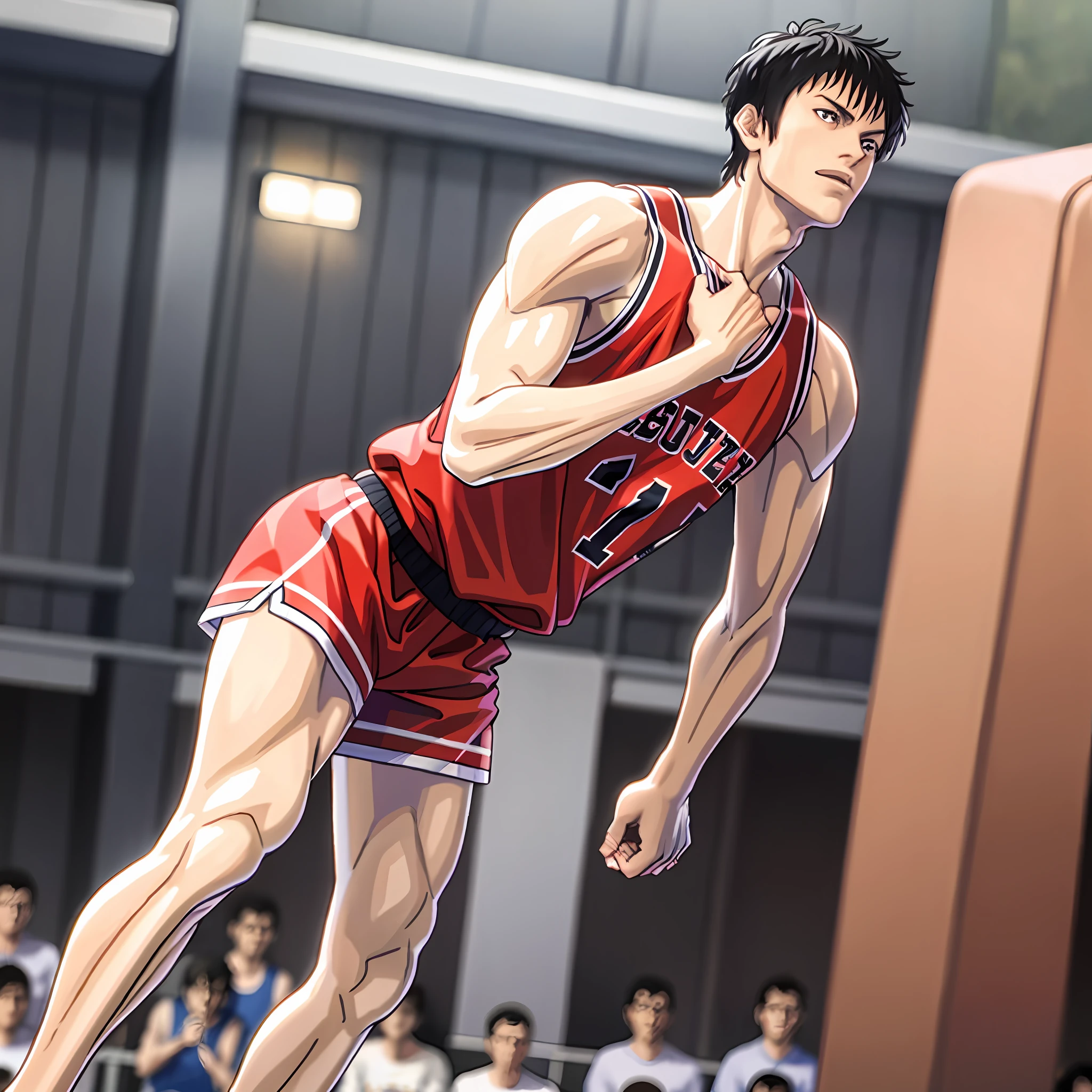 mastepiece,best quality,1boy,basket court,outdoor,short hair,SOLO,shoot_basketball,black eyes,sakuragi hanamichi,