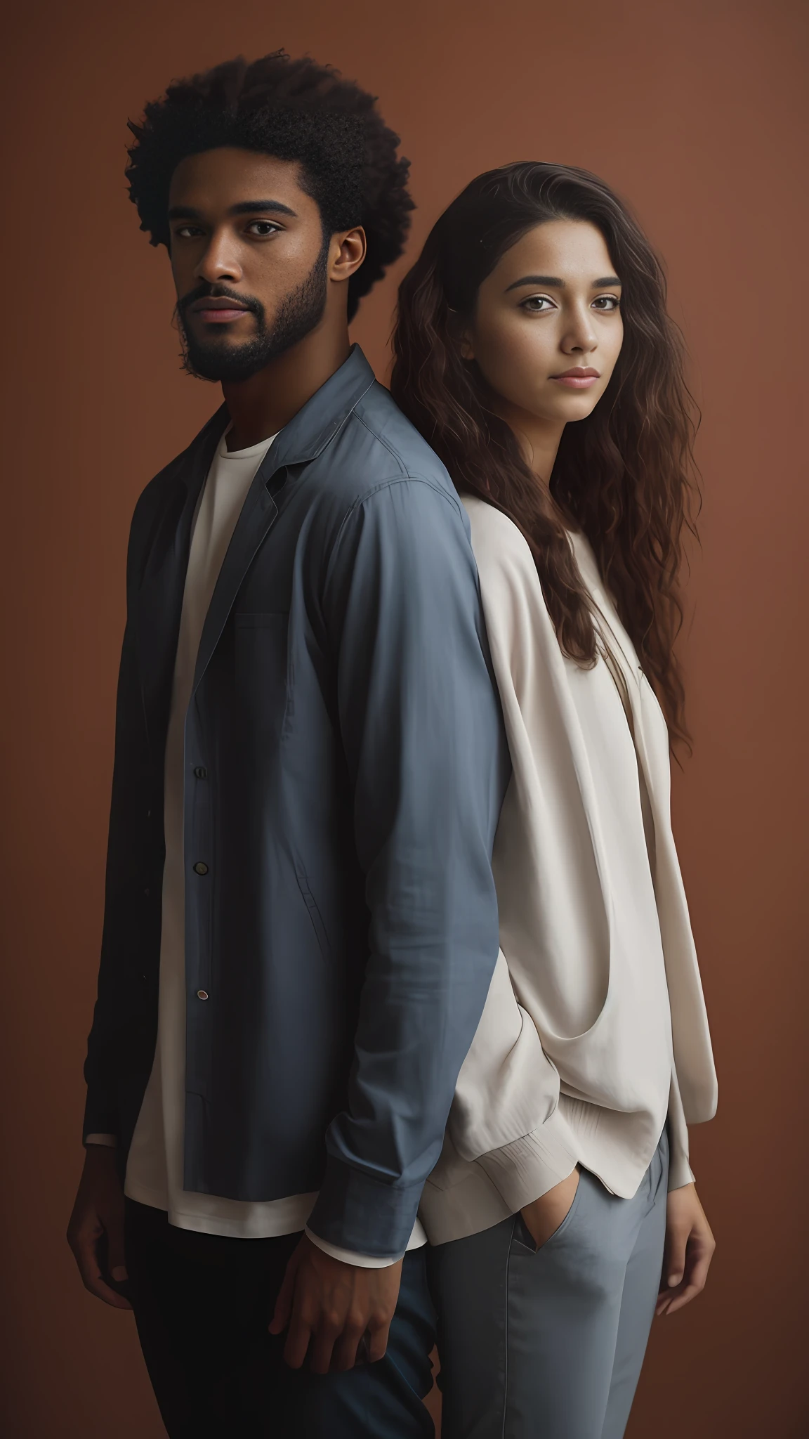 Man with long curly hair and woman with straight hair standing next to each other in front of a brown background, portrait of two people, portrait of couple, portrait of couples, average photo of two characters, side portrait images, half-shot portrait, two people, mute colors. ue 5, high quality portrait, promotional image, by Matija Jama, photographed in 1 5 0 mm, portrait 7 0 mm
