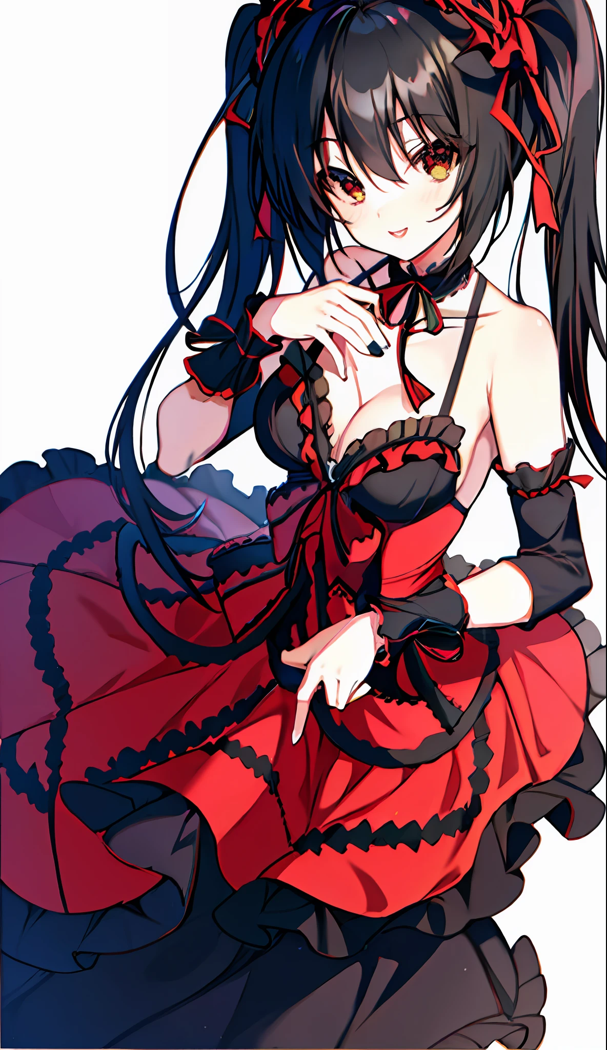 18 year old beautiful girl, masterpiece, top quality, 8K anime, 1 girl, solo, detailed fingers, precise fingers, not unnatural hands, odd eye, black hair twin tails, kurumi tokizaki, cleavage,