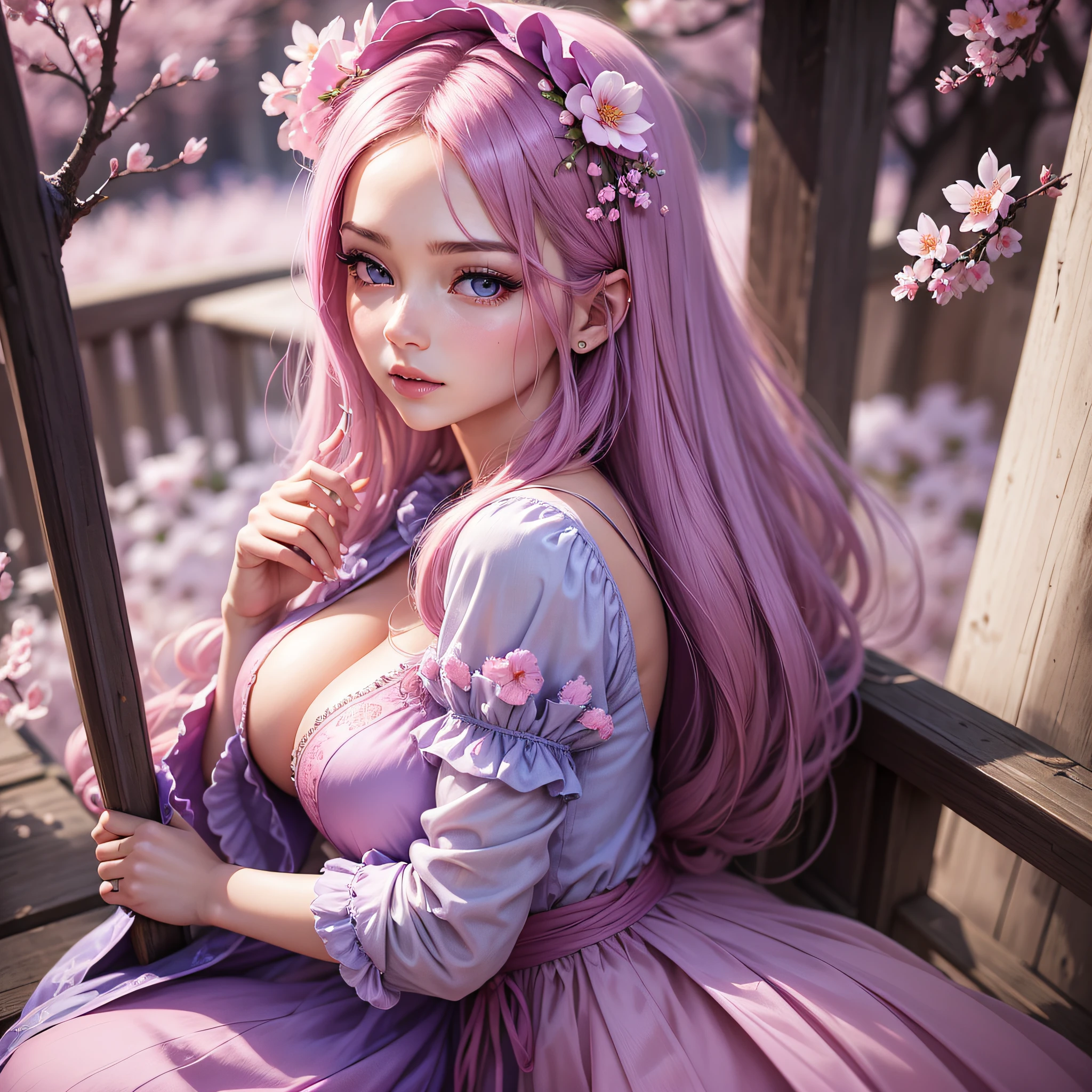 The woman is dressed in pink, her appearance is dignified and reveals an indescribable sense of charm, blue silk is draped, only tied with a pink headband, the pink color lining the woman's skin is a faint pink, it is beautiful, phoenix eyes are stunning, can capture the soul, swing people's hearts, lips like cherry blossoms, attracting people's infinite reverie. Be real --auto --s2