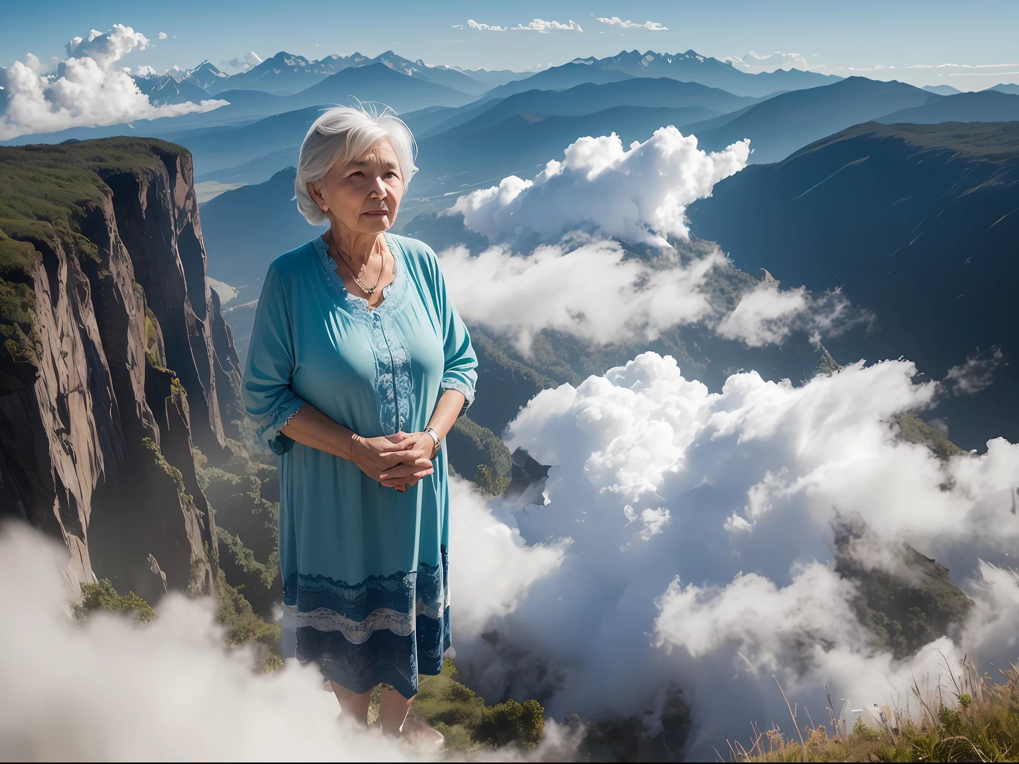 An elderly woman of 50 years old who has gone to heaven looks out of the clouds