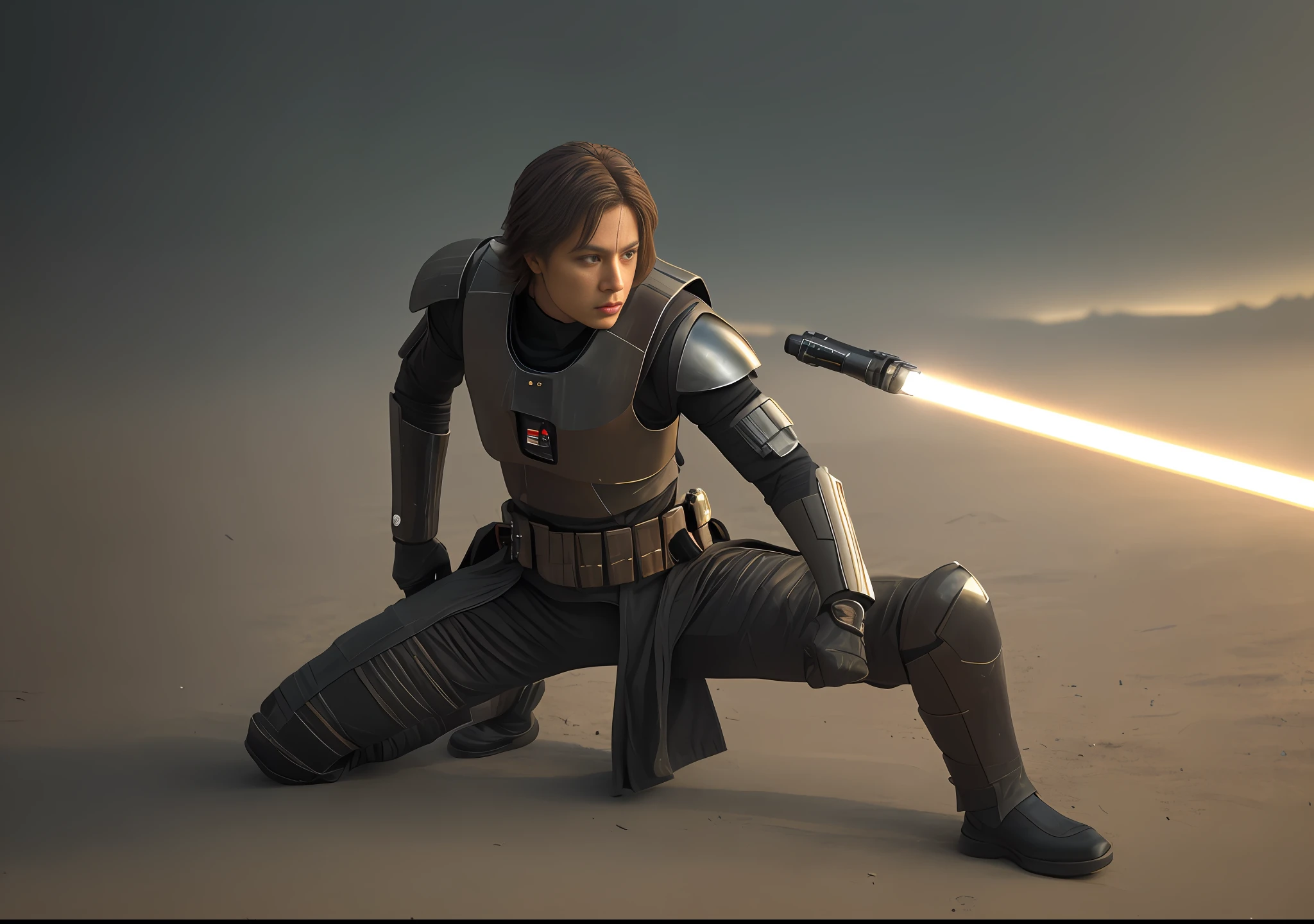 photograph of a jedi knight man with a lightsaber 1 in one hand, striking pose, dramatic action, star wars, (hdr:1.3), complex background, cinematic, filmic, (artstation: 0.8),, photorealistic, hyperrealistic, hyperdetailed, style, cocked hip, demure, low cut, detailed skin, matte skin, soft lighting, subsurface scattering, realistic, heavy shadow, masterpiece, best quality, ultra realistic, 8k, golden ratio, Intricate, High detail, film photography, soft focus
