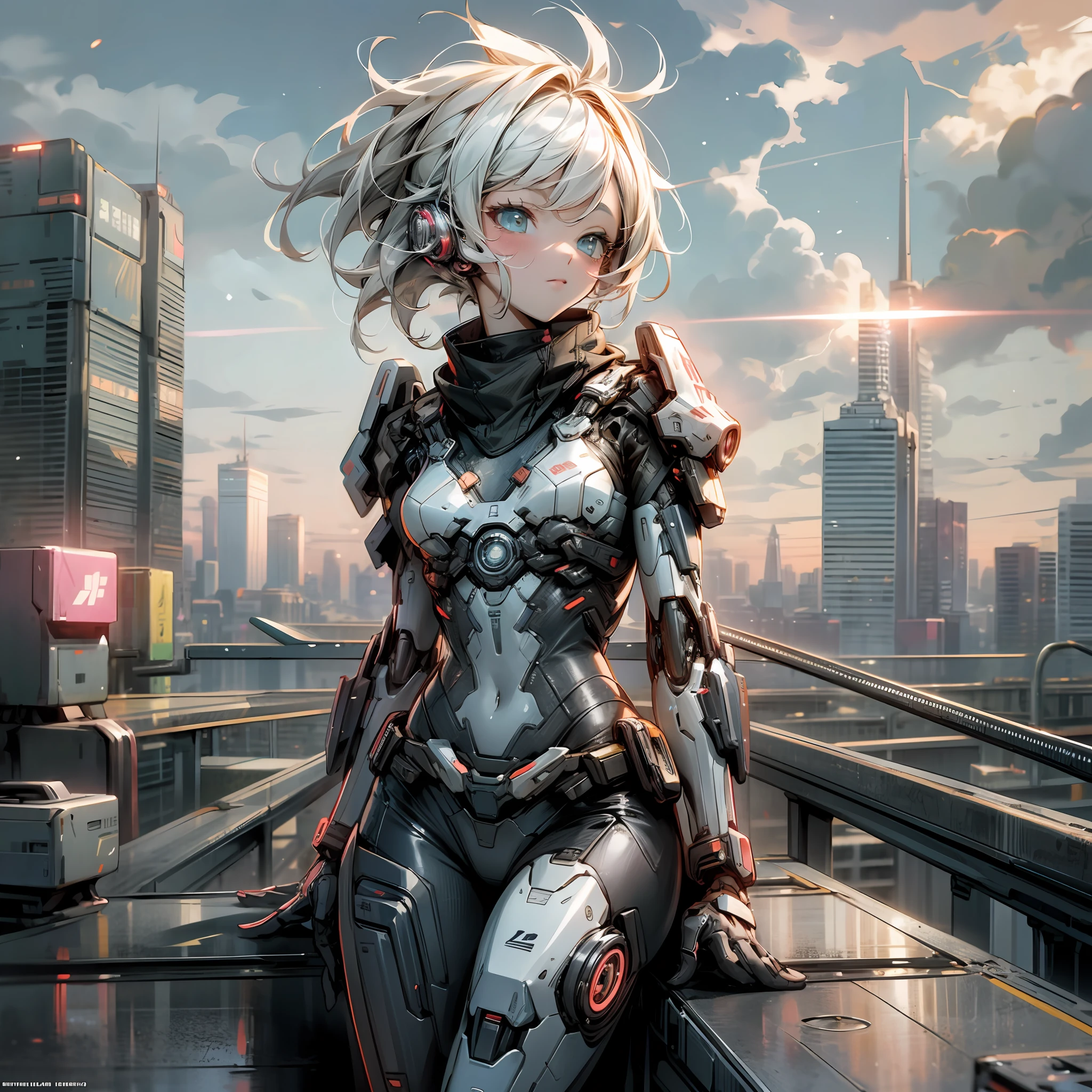 Man standing on cyberpunk style roof, lightning slipping, loli style beauty leaning on the shoulder, HD quality, picture to computer desktop size, 1080*720p --auto --s2