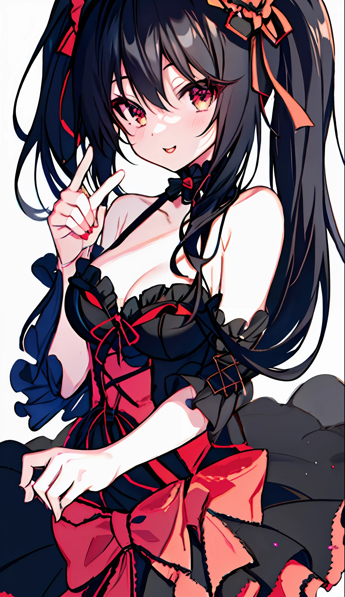 18 year old beautiful girl, masterpiece, top quality, 8K anime, 1 girl, solo, detailed fingers, precise fingers, not unnatural hands, odd eye, black hair twin tails, kurumi tokizaki, cleavage,