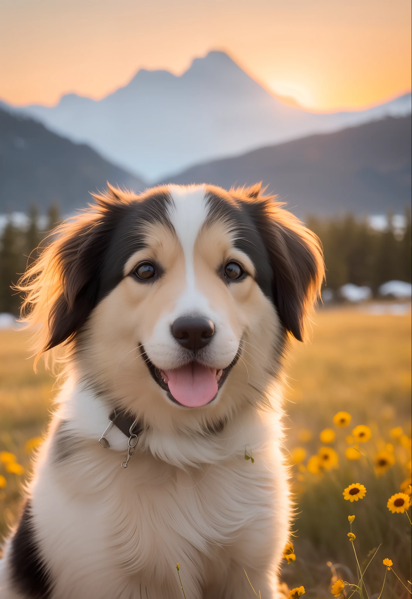 Close-up photo of happy dog face, sunset, 80mm, f/1.8, degrees of freedom, bokeh, depth of field, subsurface scattering, stippling, meadow, snowy mountains, cute smile to the camera