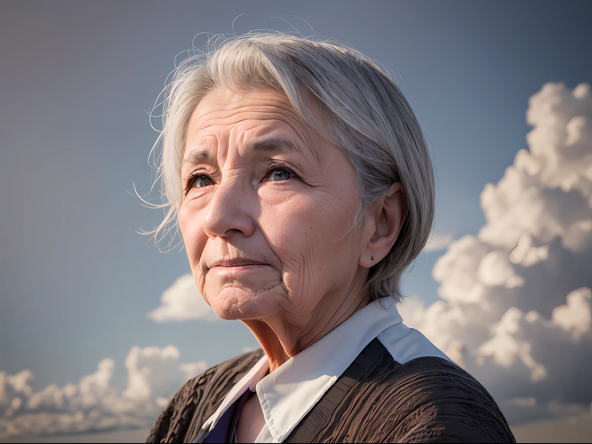 An elderly woman of 50 years old who has gone to heaven looks out of the clouds