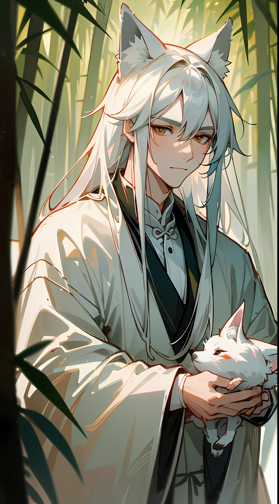 Masterpiece, Superb (Chinese Ink Painting), (Illustration), (((Giant White Fox))), Mature Man, Chinese Style, (Ancient Chinese Man), (White Fox and White Haired Boy), Silver Hair, (Long Hair), (Messy Hair), (White Hair), (Fox Ears), Handsome, (White Ancient Chinese Clothes), ((Fluttering Leaves)), A Little Red Eyebrows, Green Bamboo Forest, Yoshida Hiroshi, Close Up, (Forest Background), (Chiaroscuro)), Fine Facial Details, Facial Details, Cinema lighting, (depth of field), UHD, (upper body