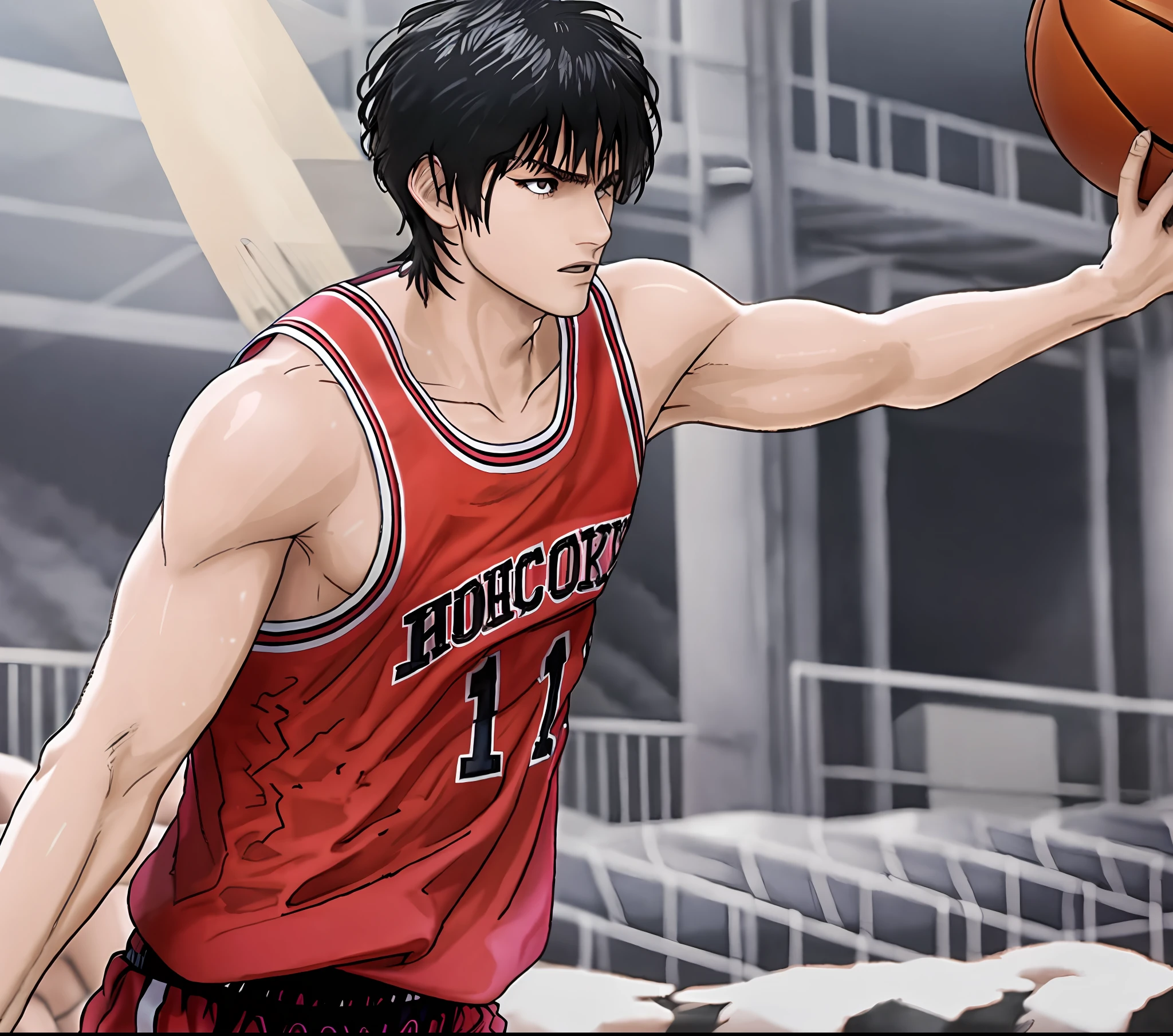 mastepiece,best quality,1boy,beach,solo,short hair, black hair,basketball uniform,