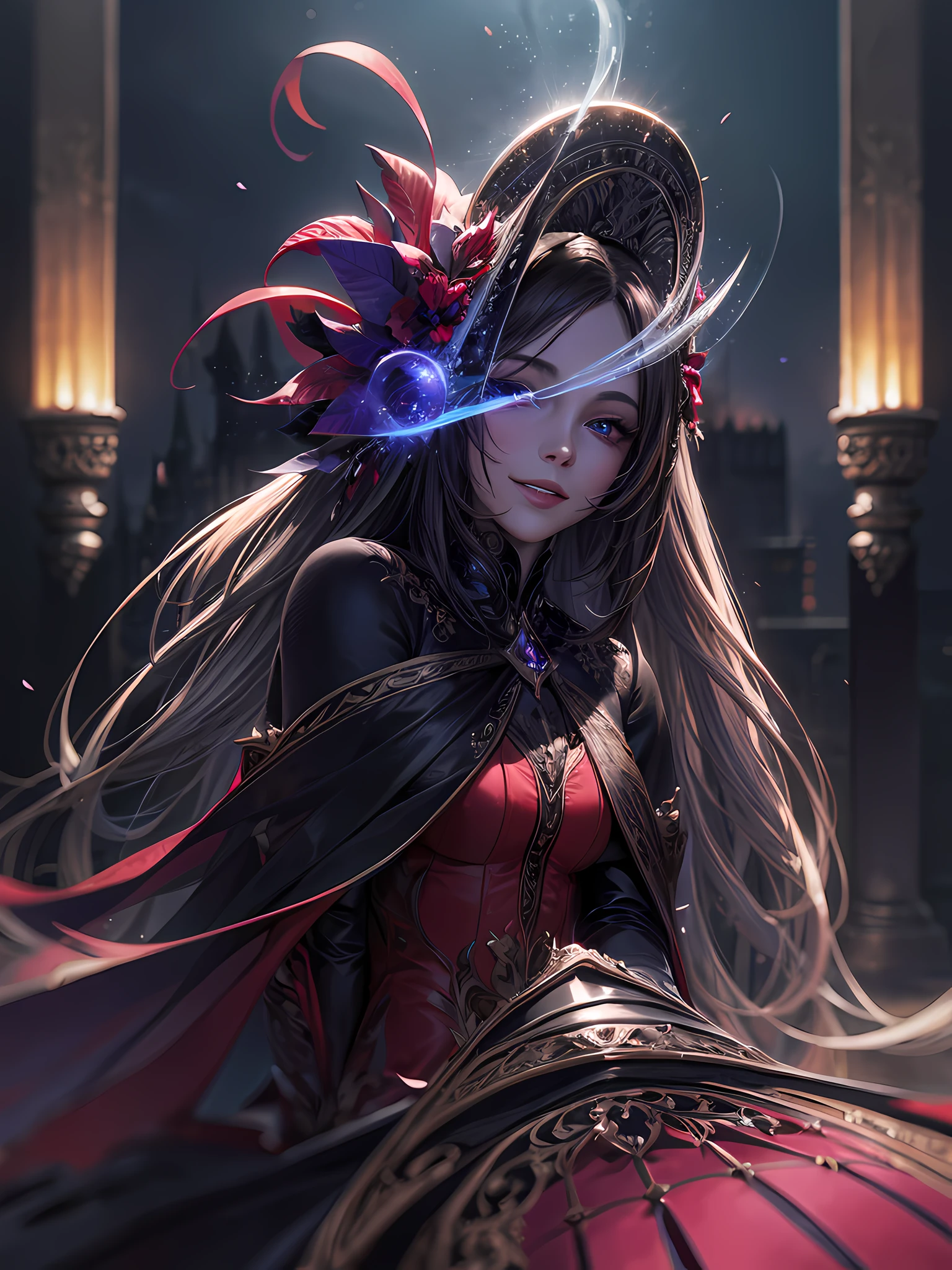 Smiling, elegant, noble, charming, mysterious fantasy, gathering dark red energy (color deepening), enchanting women dancing with monsters, eerie and empty, hyper-realistic ultra-realistic, epic 8K CG works, dark tones of high quality, inhuman things, hellish liquid, sharp nails, magic and gods intertwined, surround high saturation, clear close-up of the royal sister gel suit.