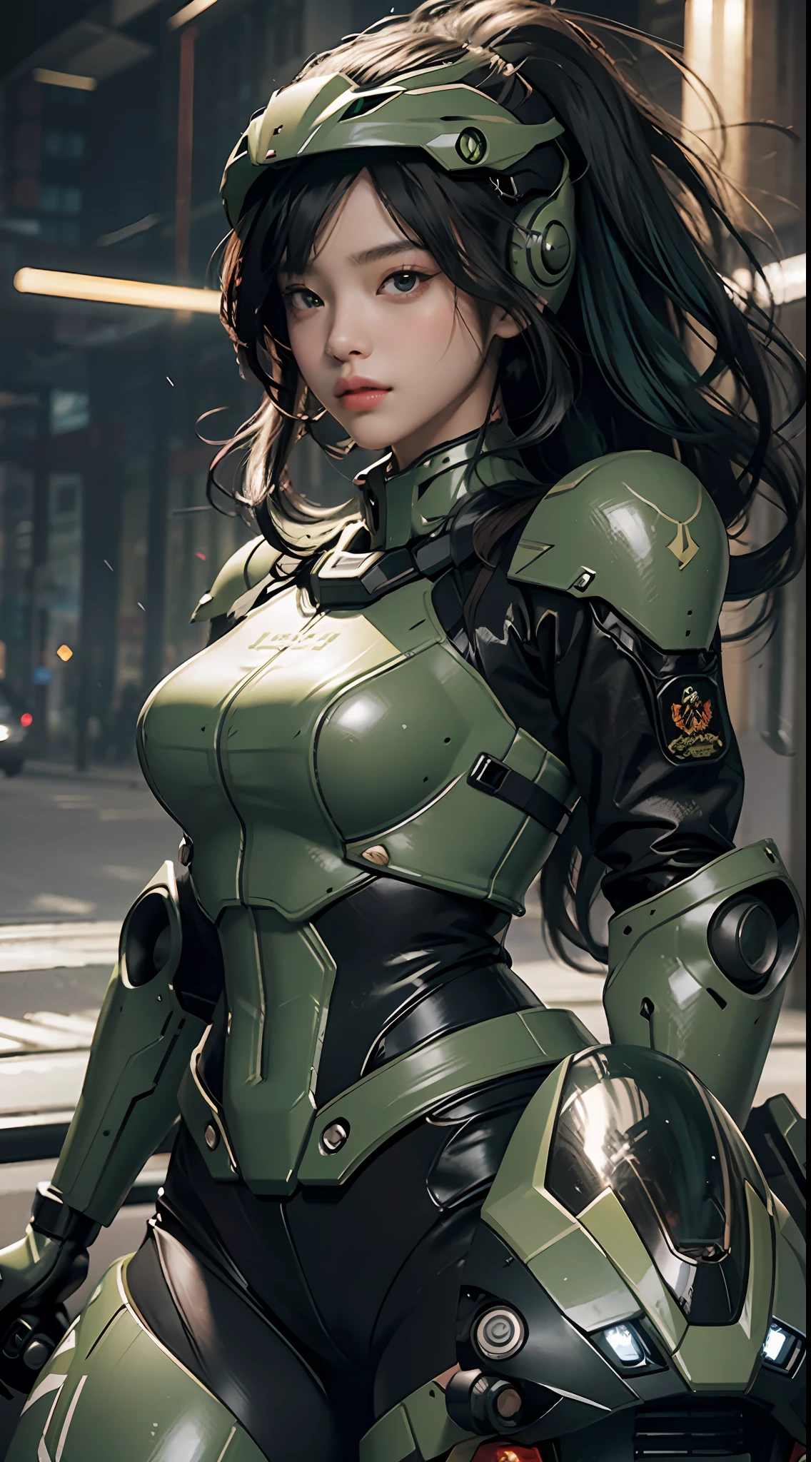 Highest image quality, outstanding details, ultra-high resolution, (realism: 1.4), the best illustration, favor details, highly condensed 1girl, with a delicate and beautiful face, dressed in a black and green mecha, wearing a mecha helmet, holding a directional controller, riding on a motorcycle, the background is a high-tech lighting scene of the future city.