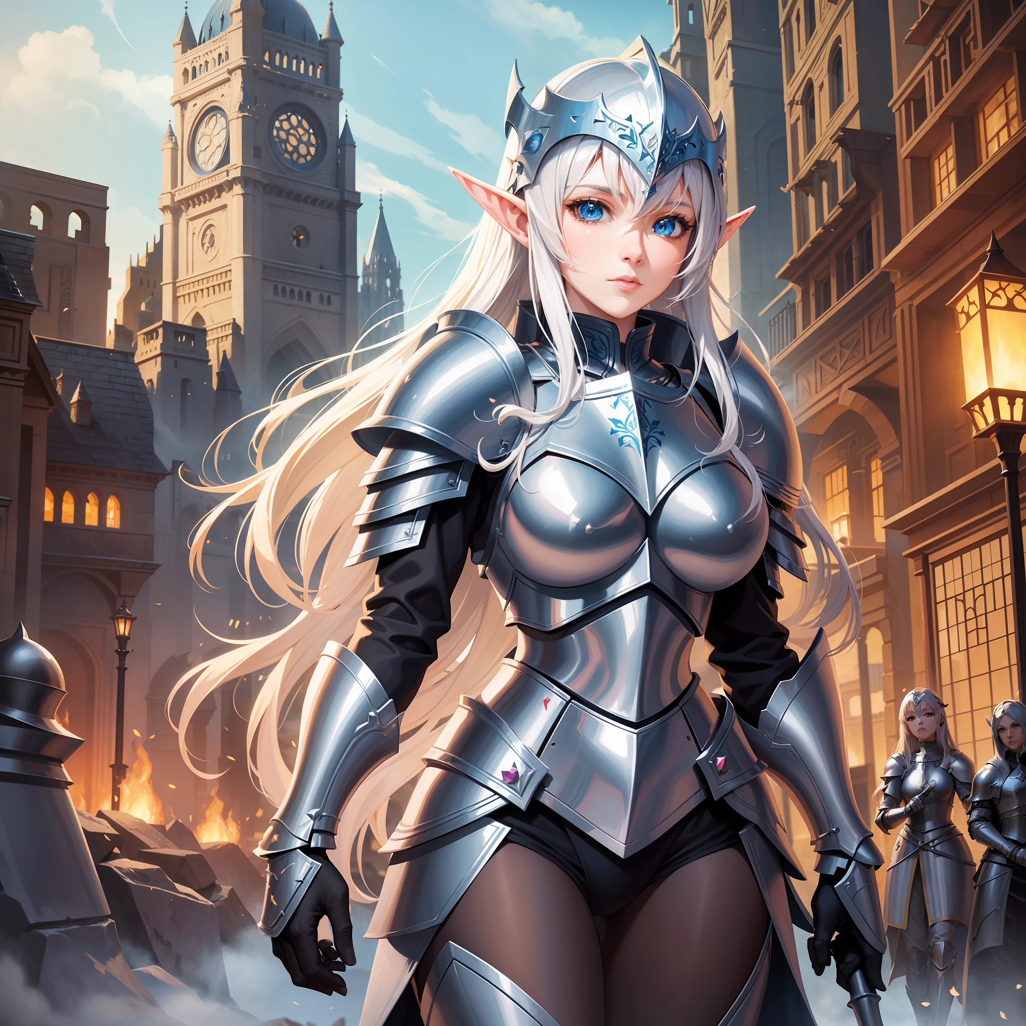 woman in armor, magical knight, gorgeous female paladin, beautiful female knight, female knight, alluring elf princess knight, armor girl, of a beautiful female knight, 2. 5 d cgi anime fantasy artwork, epic fantasy art style hd, girl in knight armor, elf princess knight, fantasy paladin woman, (burning medieval city in the background), (war)