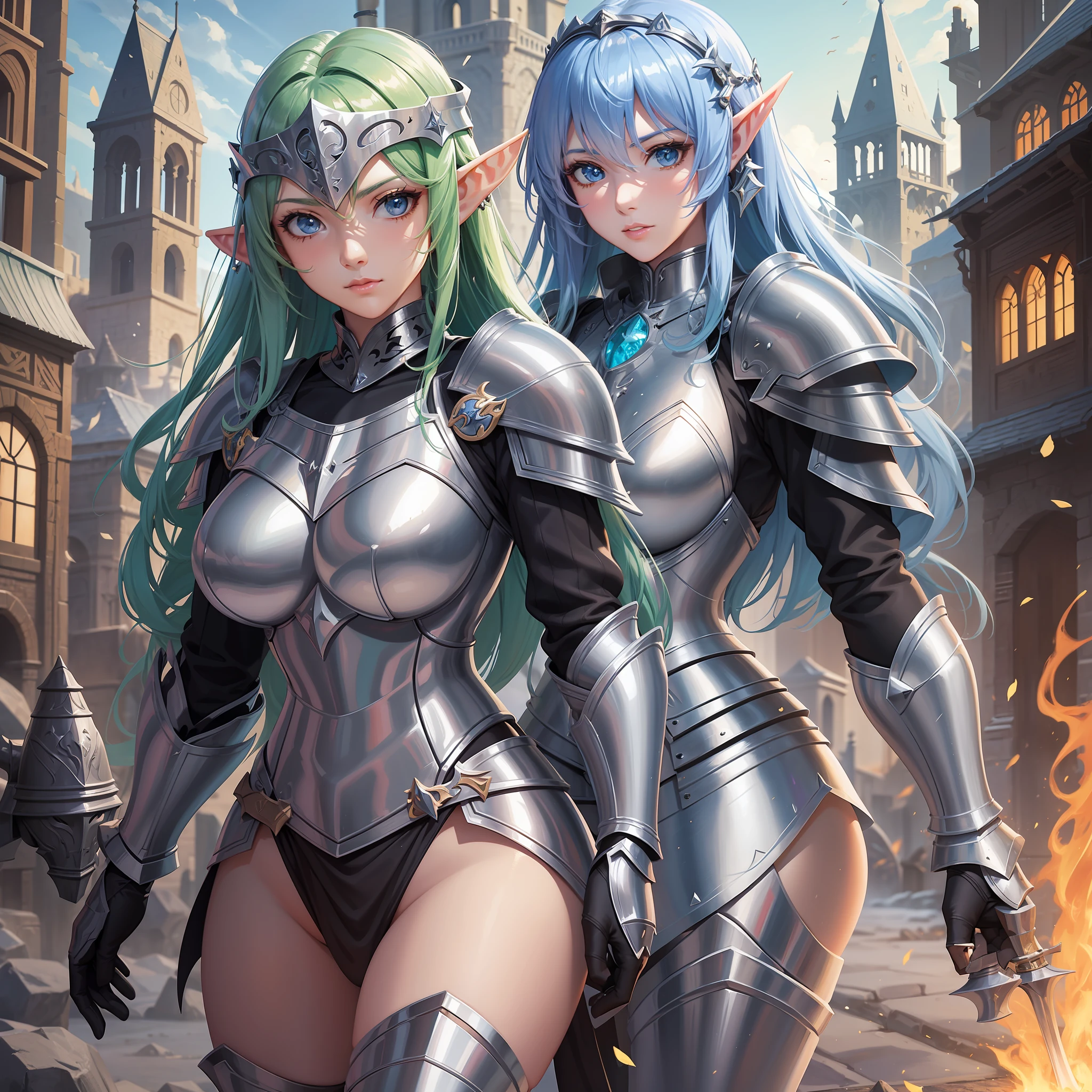 woman in armor, magical knight, gorgeous female paladin, beautiful female knight, female knight, alluring elf princess knight, armor girl, of a beautiful female knight, 2. 5 d cgi anime fantasy artwork, epic fantasy art style hd, girl in knight armor, elf princess knight, fantasy paladin woman, (burning medieval city in the background), (war)