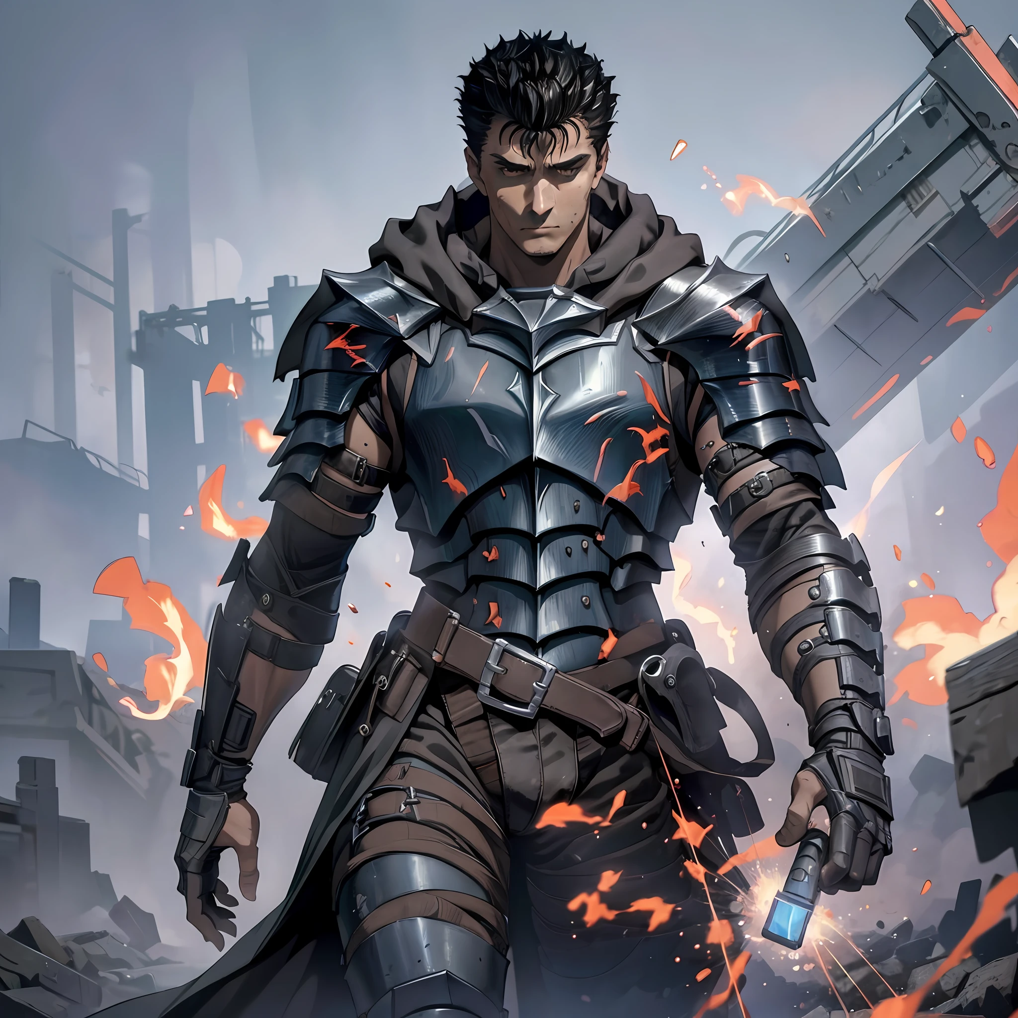 1boy,Guts, damaged black knight armor, wearing a cloak,black hair, badass pose highest quality digital art, Stunning art, wallpaper 4k,8k,64k, HD, unparalleled masterpiece, dynamic lighting, cinematic, epic