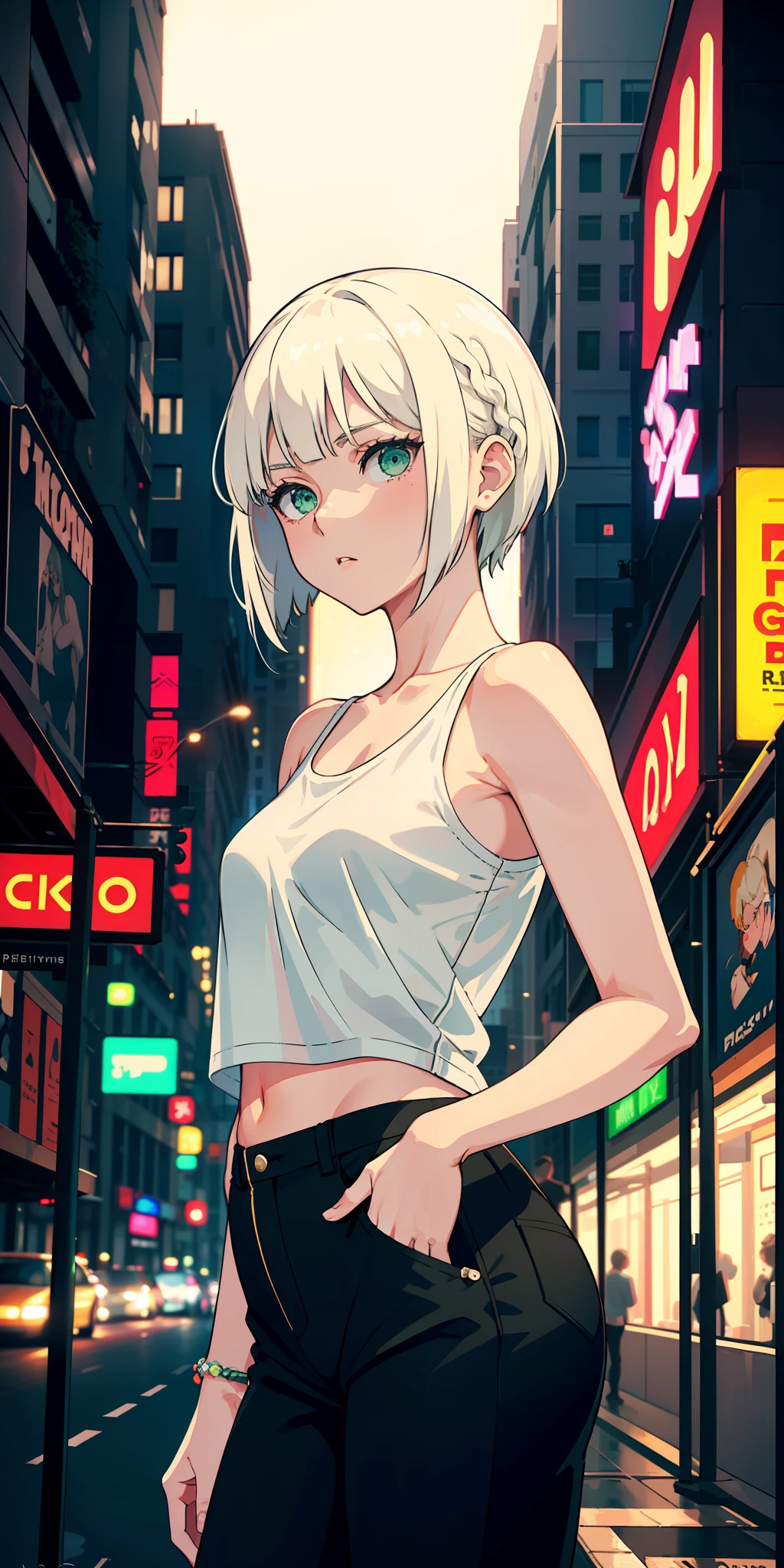 masterpiece, best quality, nsfw, 1girl, platinum blonde hair, short hair, green eyes, braids, small perky breasts, on the street, night, neon light, white t-shirt, braless, black pants, poker face, front view, standing, in crowd,