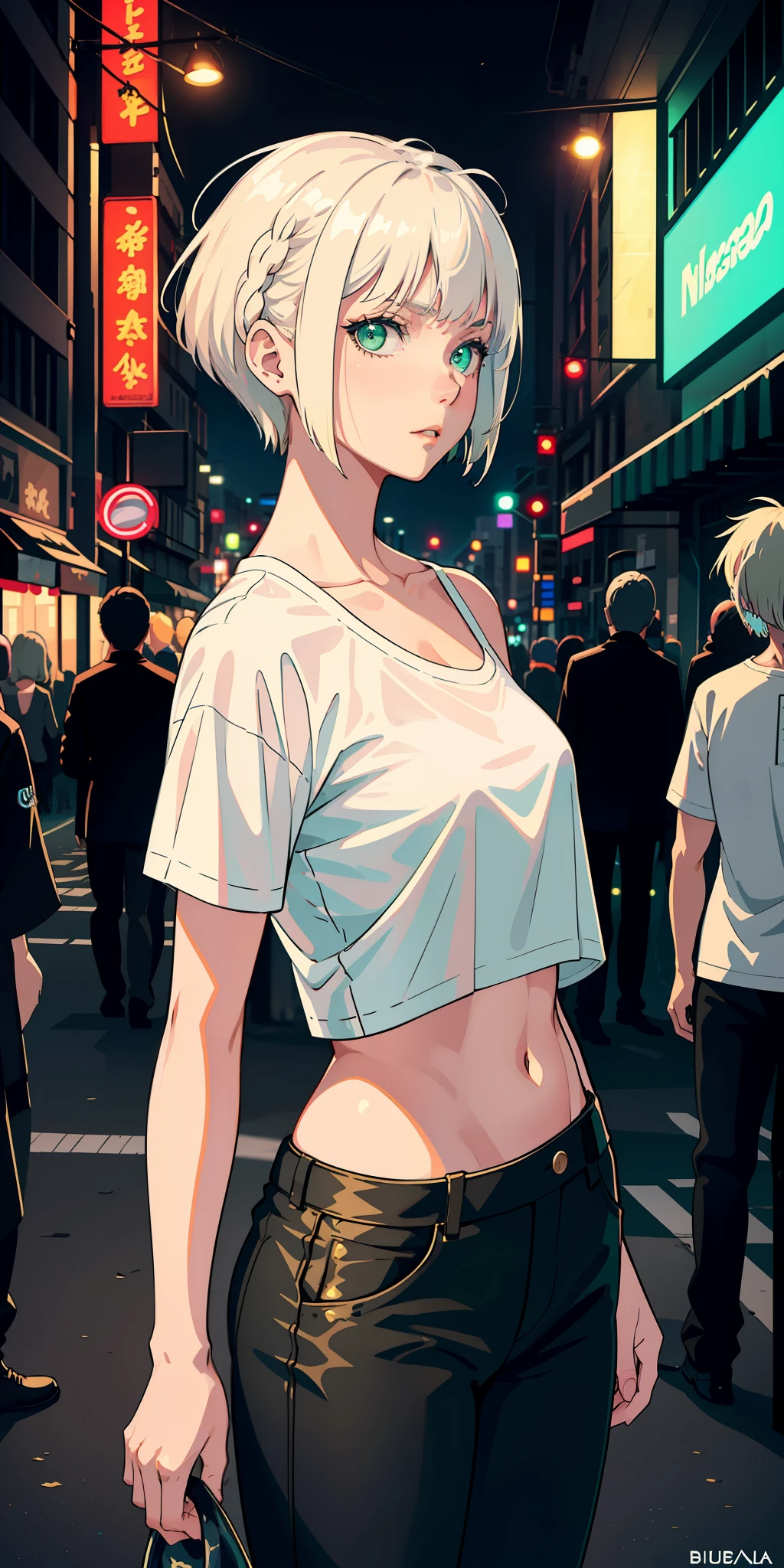 masterpiece, best quality, nsfw, 1girl, platinum blonde hair, short hair, green eyes, braids, small perky breasts, on the street, night, neon light, white t-shirt, braless, black pants, poker face, front view, standing, in crowd,