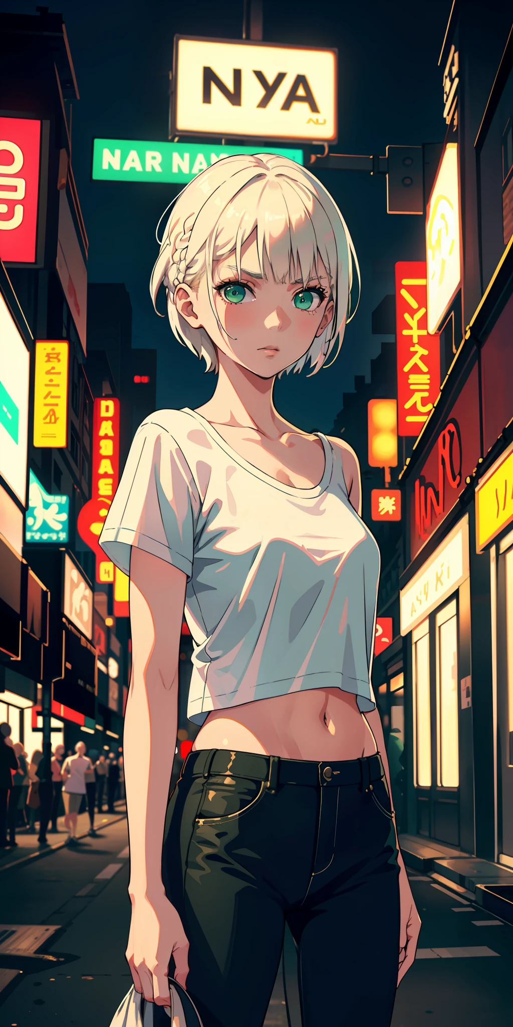 masterpiece, best quality, nsfw, 1girl, platinum blonde hair, short hair, green eyes, braids, small perky breasts, on the street, night, neon light, white t-shirt, braless, black pants, poker face, front view, standing, in crowd,