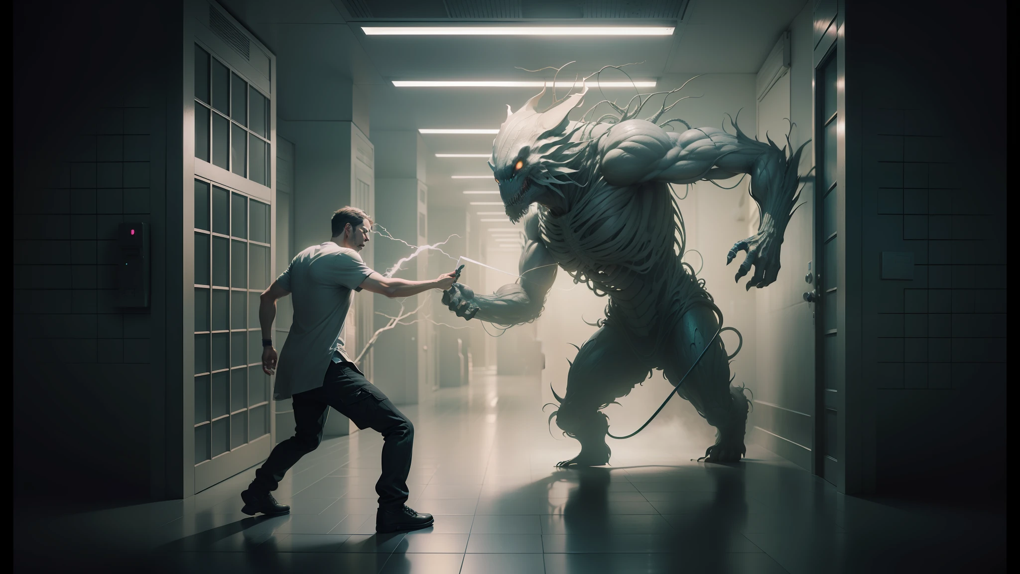 there is a man that is standing in a hallway with a monster, highly detailed surreal vfx, vfx art, cgsociety 9, beeple and mike winkelmann, by Mike Winkelmann, photorealistic dark concept art, vfx, houdini vfx, cgi art, metamorphosis complex 3d render, white ghosthulk, hyper realistic digital art --auto --s2