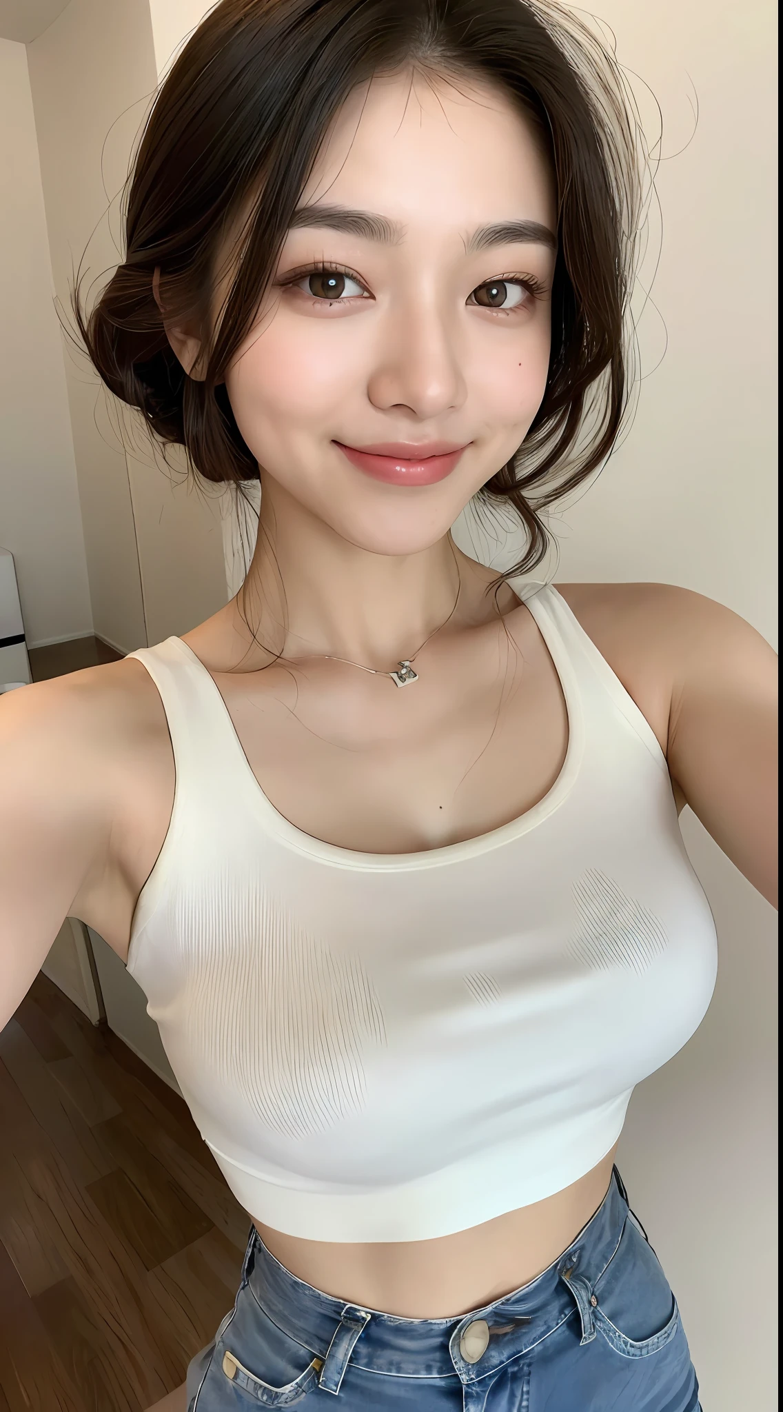 ((top quality, 8k, masterpiece: 1.3)), 1 girl, beauty with accentuated slim abs: 1.3, (casual hairstyle, big: 1.2), casual wear: 1.2, interior, super detailed face, delicate eyes, double eyelids, soft breasts, smile,