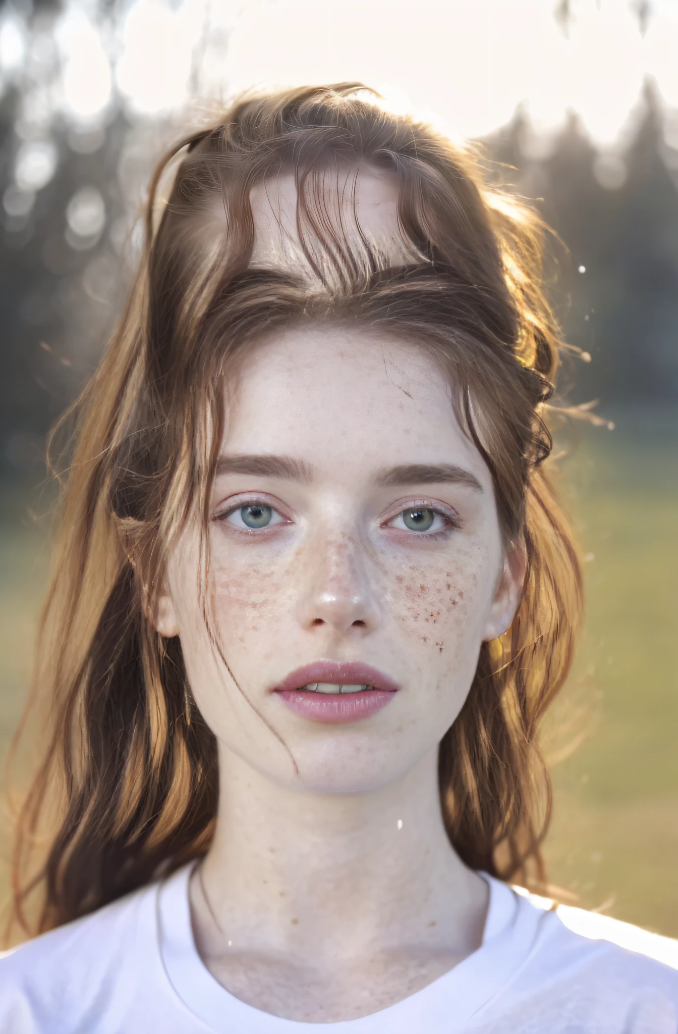 Detailed and realistic photography of a woman with freckles, round eyes and messy hair, shot outside in morning light, wearing a wet white t shirt, skin texture, chapped lips, dramatic natural lighting, portrait photography, 85mm lens, magical photography, dramatic lighting, photo realism, ultra-detailed, Cinestill 800T