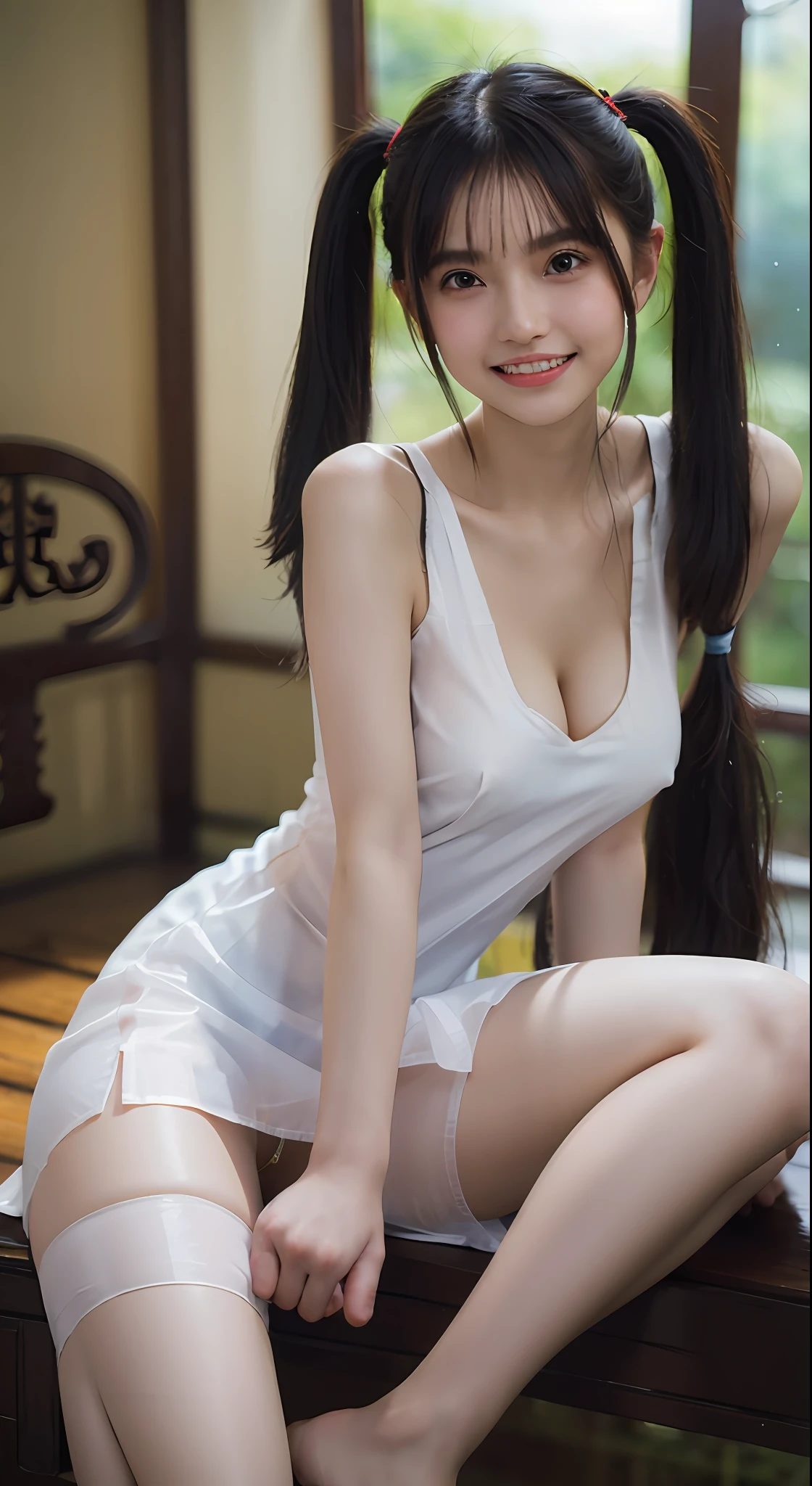 ((China Dress)),((Top Quality, 8K, Masterpiece:1.3)),((NSFW)),((See Through)),(Teeth),(Petite),(OpenLegs:1.5),1 Girl, (Black Hair, Twin Tail Hair), Wet Body: 1.2, Super Detail Face, Detail Eyes, Double Eyelids, ((Open Legs)),Slim,((Nipple)), Ultra-fine clothing, ((smile)), ((braless) ),((cameltoe))