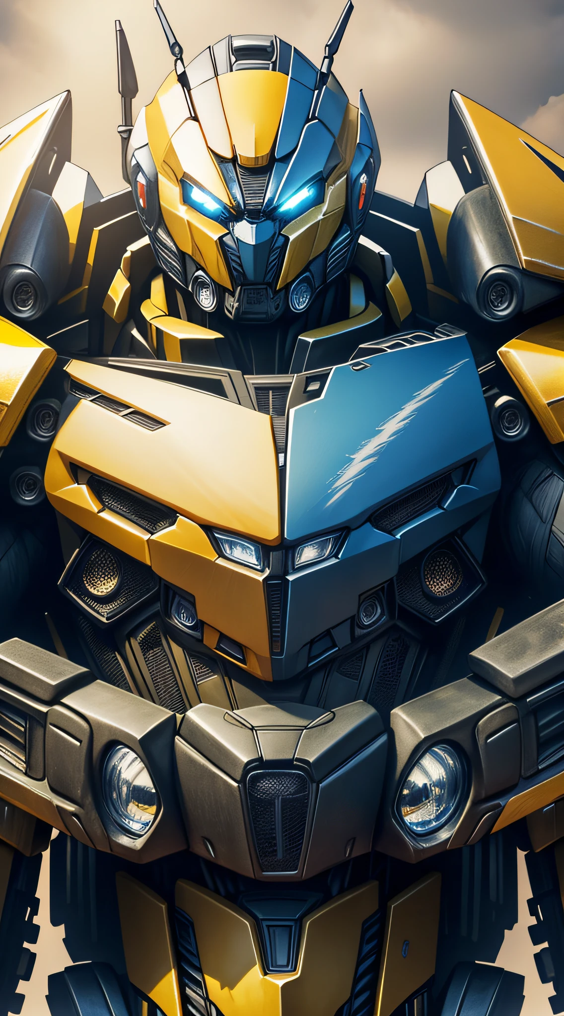 Masterpiece, best picture quality, (Transformers), (Autobots Bumblebee), (Very detailed 8K wallpapers), (Best quality), (Best photos), (Best shadows), Dark Night, Dark Night, Gloomy tones, highlighting close-up of Autobots Bumblebee