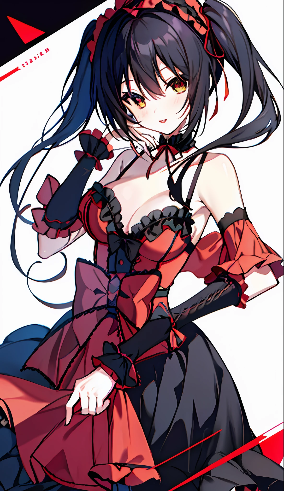 18 year old beautiful girl, masterpiece, top quality, 8K anime, 1 girl, solo, detailed fingers, precise fingers, not unnatural hands, odd eye, black hair twin tails, kurumi tokizaki, cleavage,