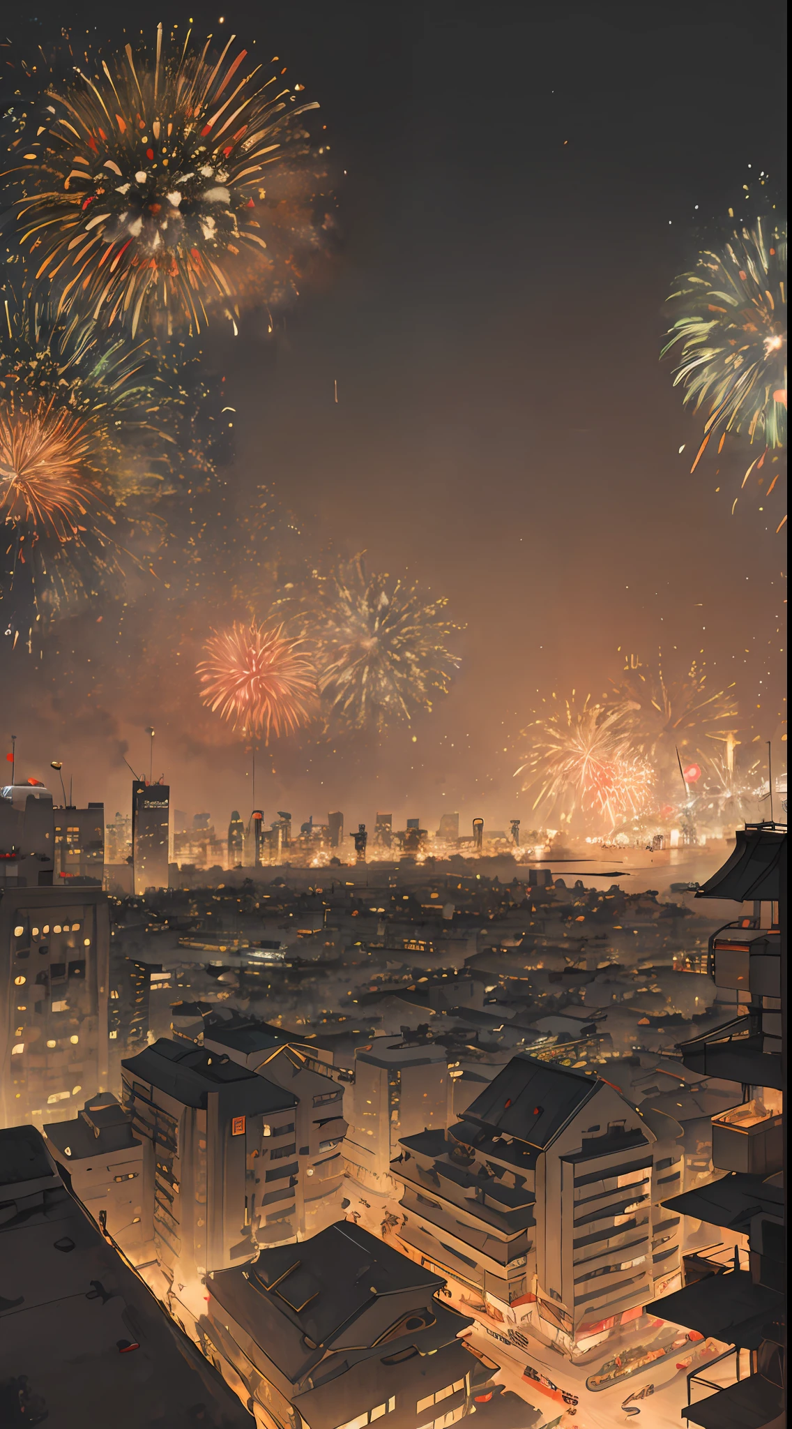 1city, cyberpunk, light brown tone, panoramic, detailed, fireworks, new year