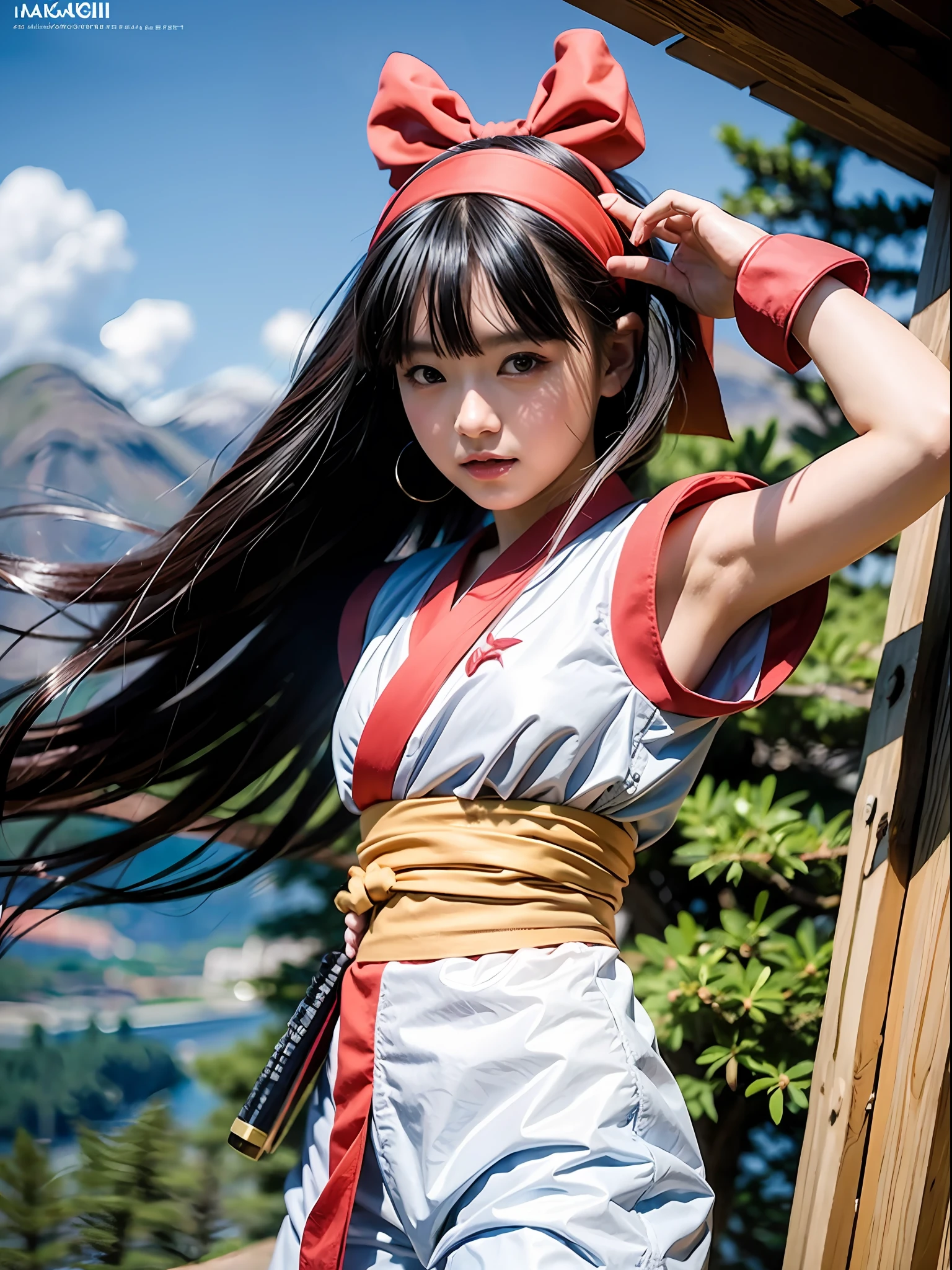masterpiece, Best quality,1girl, red bow, bow, long hair, hair bow, Ainu clothing, Solo, Hair band, Bird, Black hair, Fingerless gloves, Short sleeves, Gloves, Sash, Pants, Bangs, Red hair band, Weapon, , Brown eyes, White trousers, Japanese clothing, Nakoruru, Armpits, Light smile, Official art, Good composition, Official pose, Detailed portrait, Portrait, Bokeh, Clouds and mountain background, Samurai, Onmyoji style, high resolution, Dramatic lighting and shadows, sun flares, blurred foreground