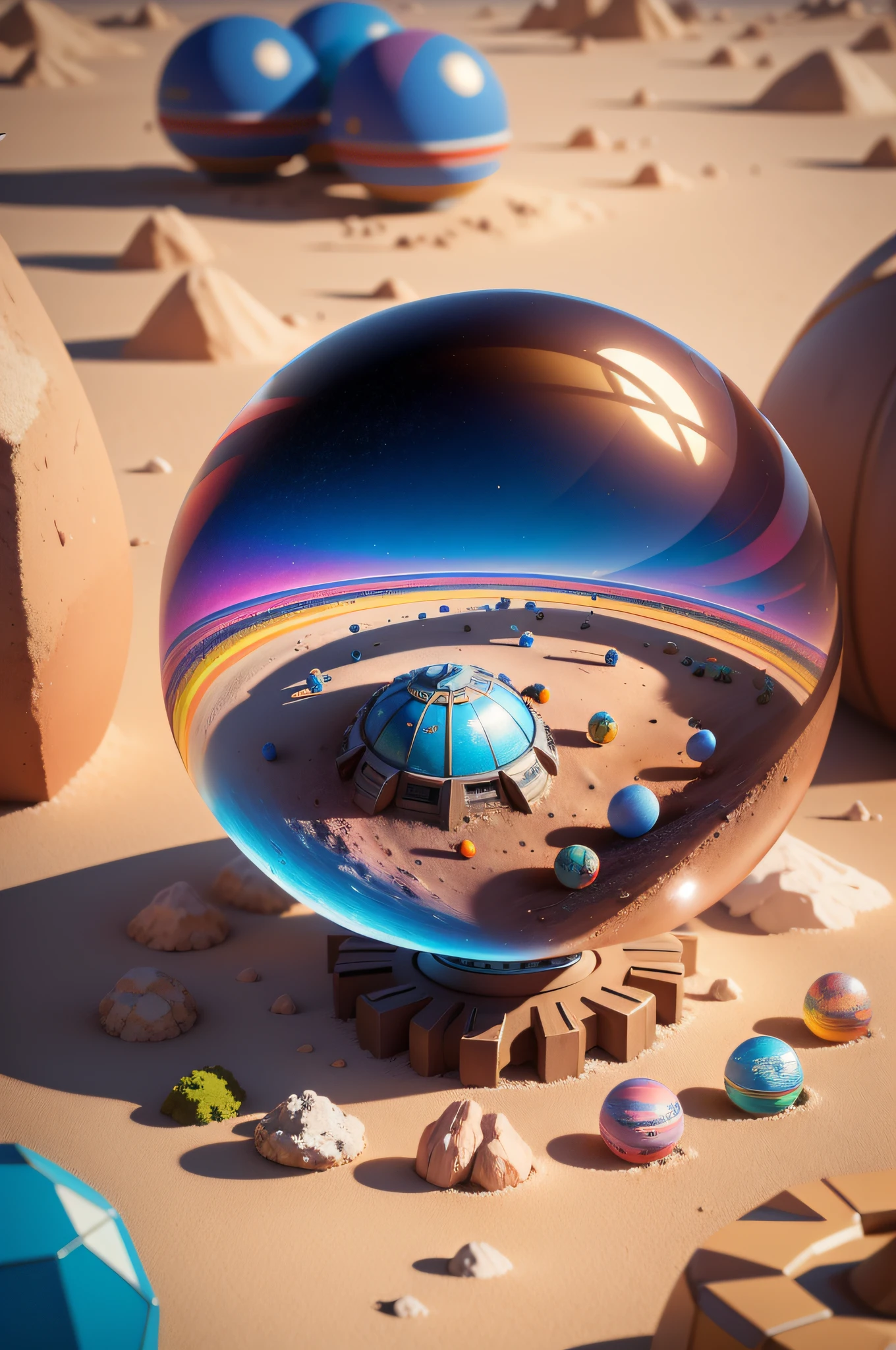 mini\(ttp\), (8k, RAW photo, best quality, masterpiece:1.2), colorful background, clean background, depth of field, planet mars, tech punk space craft, tech punk mega dome camp, mini robots, miniature, isometric, in Crystal ball,