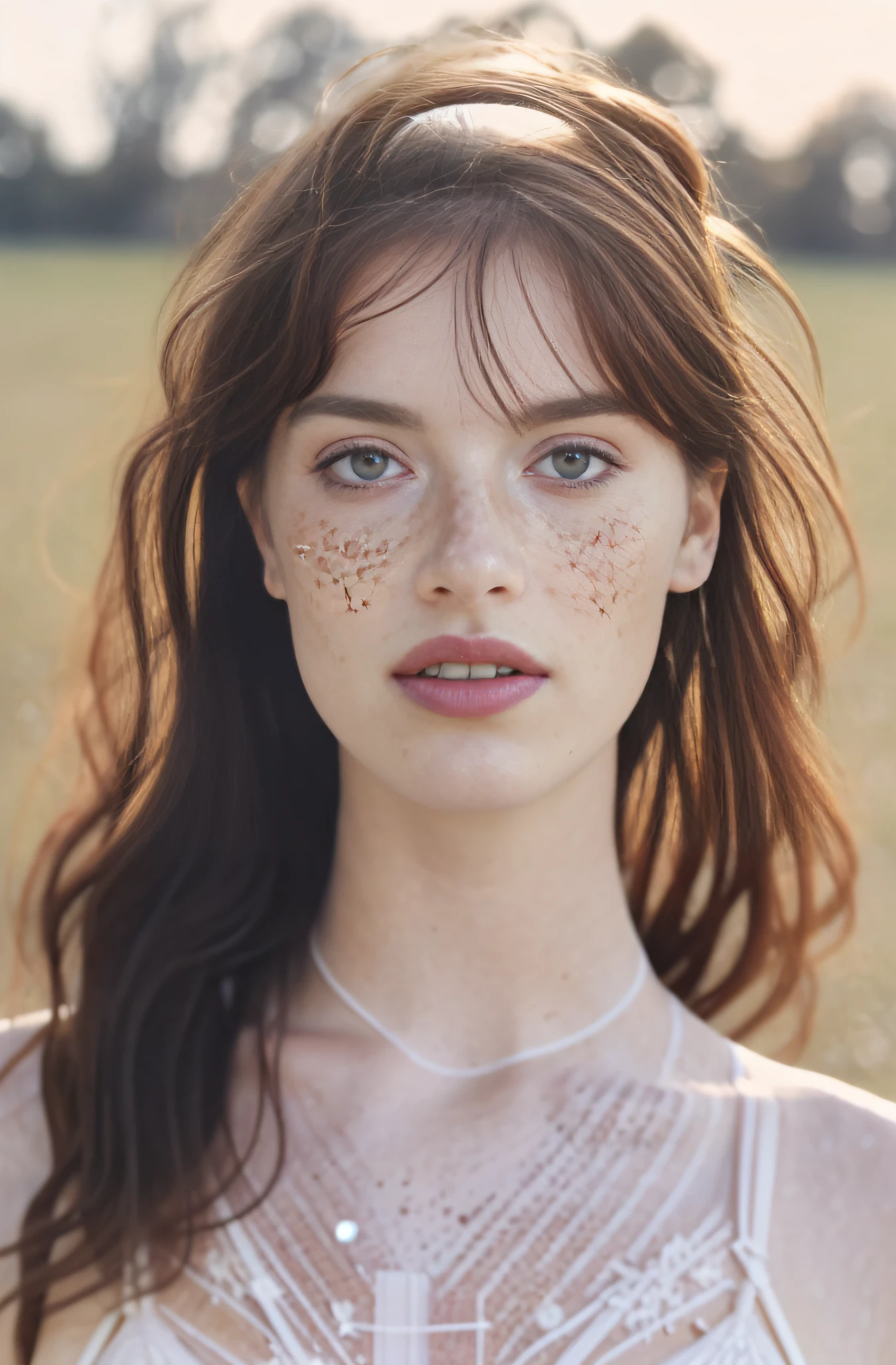 Detailed and realistic photography of a woman with freckles, round eyes and messy hair, shot outside in morning light, wearing white lingerie skin texture, chapped lips, dramatic natural lighting, portrait photography, 85mm lens, magical photography, dramatic lighting, photo realism, ultra-detailed, Cinestill 800T
