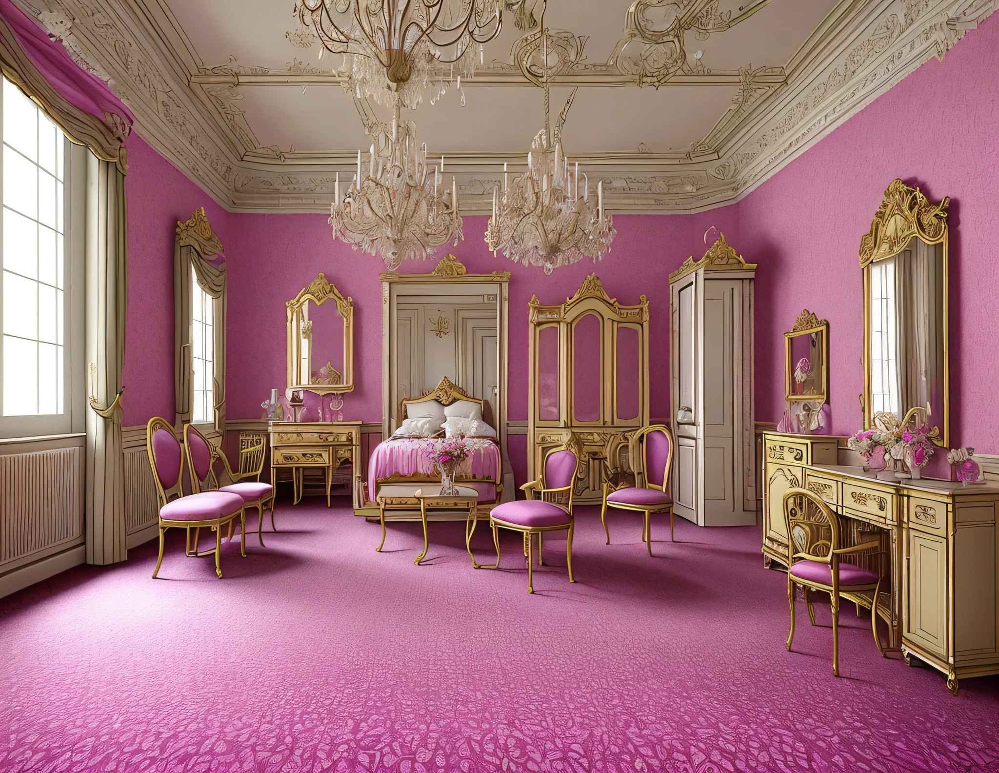 Painting of a room with chandeliers, chairs and tables, Interior of a room, Victorian room, Painting of a room, Interior of a Victorian house, Interior of a small room, Interior scene, Biedermeier, Joseph von Fririch, Bedroom interior, Small interior, Interior of a room, Interior of a house, Pink, Purple Dreamy, Photo level quality, Pink pattern carpet
