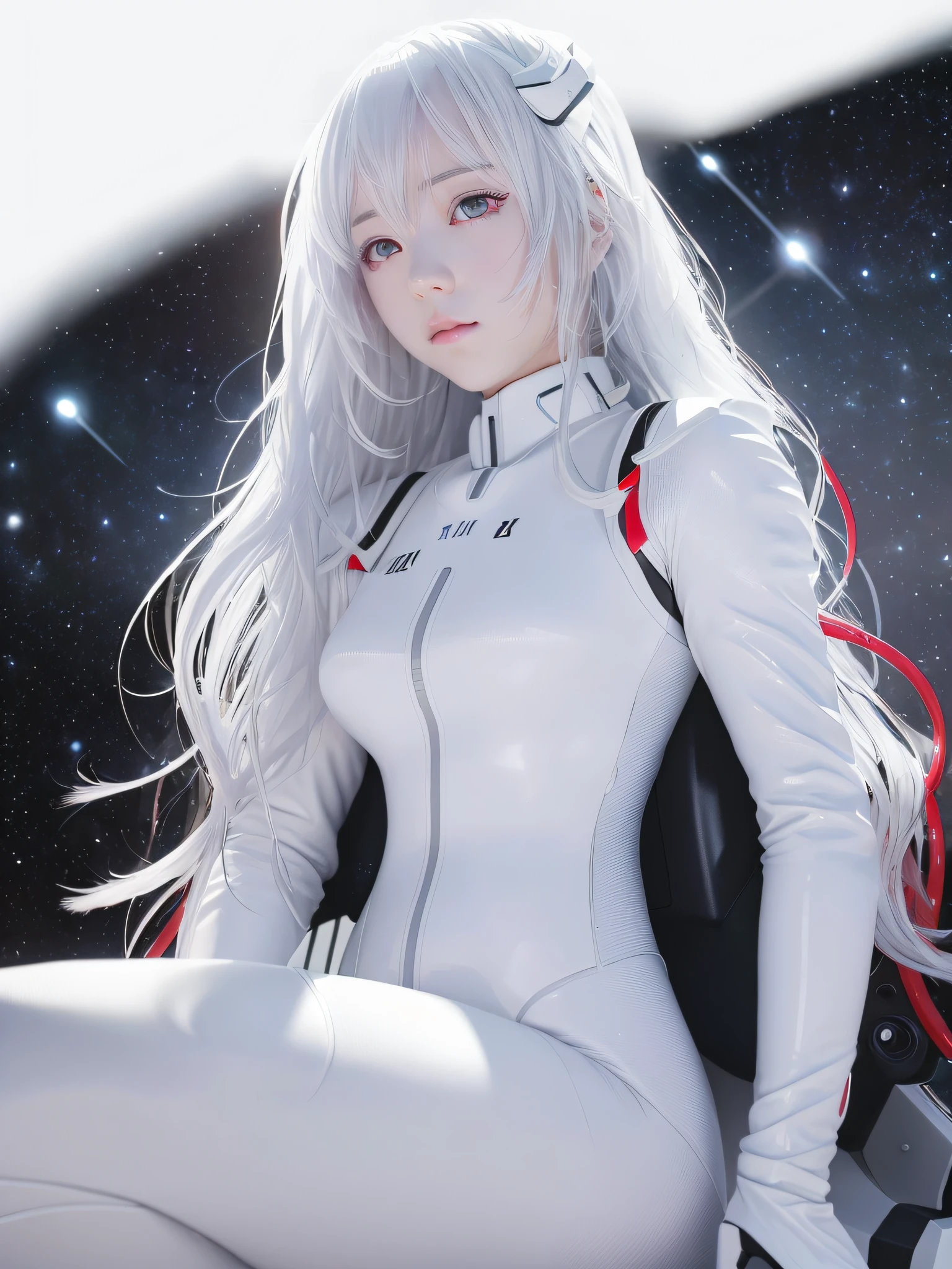 (8k, best quality, masterpiece:1.2),highly detailed,masterpiece,ultra-detailed,solo,1girl,(white background:1.5),(Delicate eyes),plugsuit, 1girl, star_\(sky\), long hair,  hair, starry_sky, bodysuit, ayanami_rei, solo, night_sky, red_eyes, red_background, breasts, white_bodysuit, pilot_suit, lance_of_longinus, bangs, light_particles, interface_headset, souryuu_asuka_langley,full body,