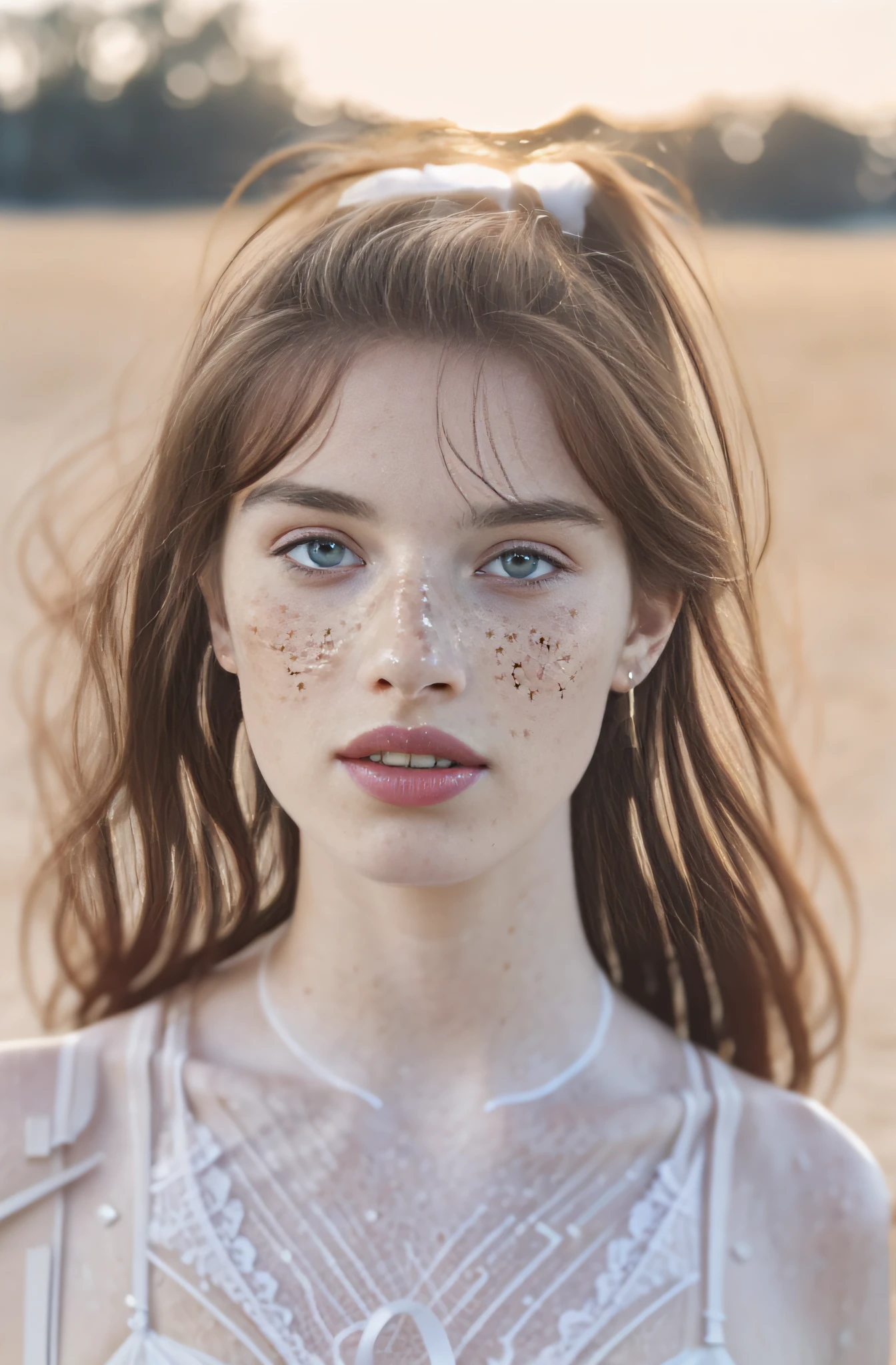Detailed and realistic photography of a woman with freckles, round eyes and messy hair, shot outside in morning light, wearing white lingerie skin texture, chapped lips, dramatic natural lighting, portrait photography, 85mm lens, magical photography, dramatic lighting, photo realism, ultra-detailed, Cinestill 800T