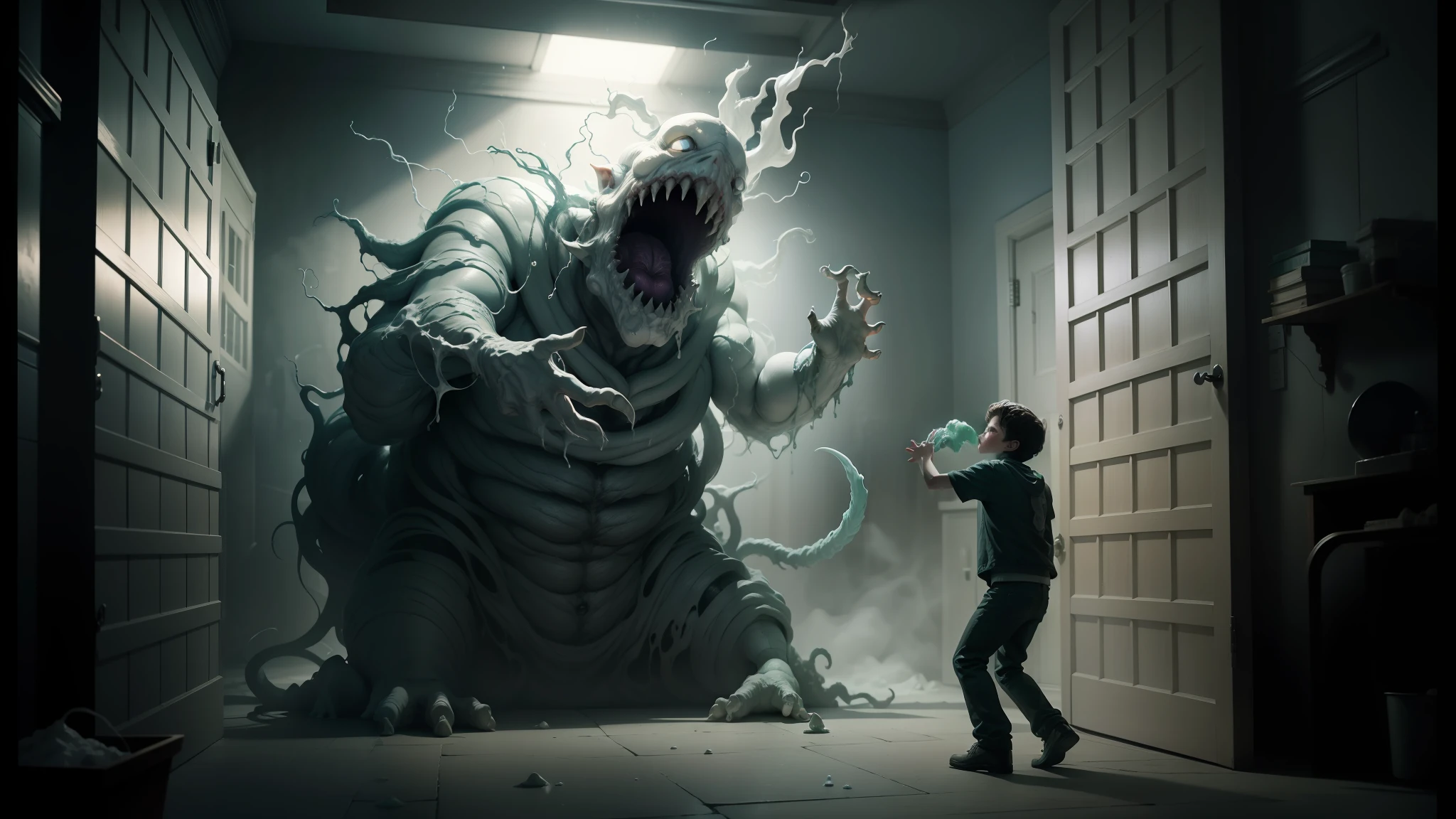 araffes in a dark room with a man standing in front of a door, white ghosthulk, highly detailed surreal vfx, cgi clay sculpture, cgi art, still from stranger things movie, fantasy and cosmic horror movie, ??? playing with slime monster, still from stranger things, still frame from a movie, still from a music video, cgi special effects --auto --s2