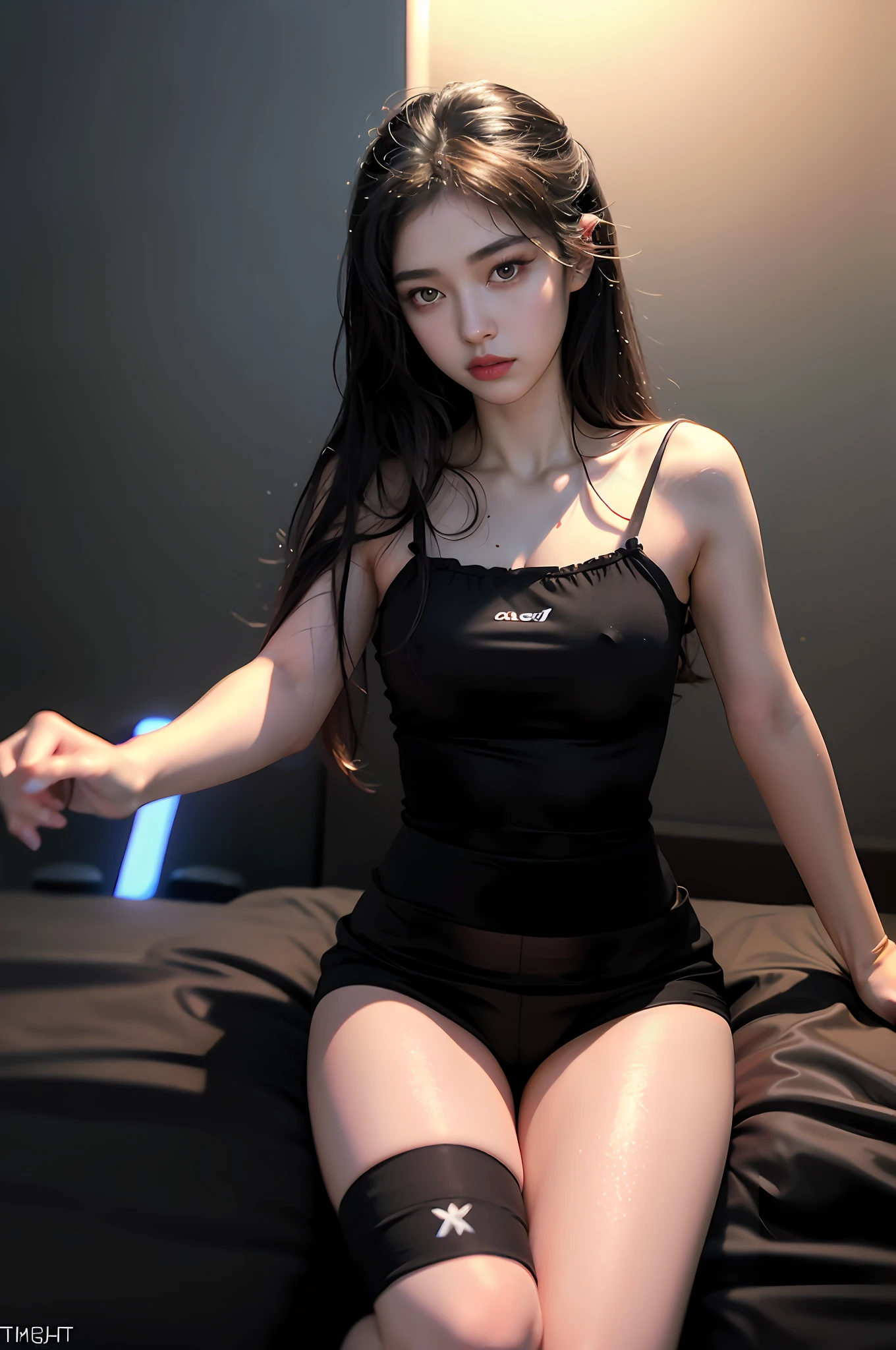 Surrealist art, gallery-quality works, ultra-precision, visual impact, sublime masterpieces, peak clarity, twilight dimness, soft lighting,
1 girl, solo,
Understated, deep shadows, dresses, stockings, skirts, shorts, suspenders, tank tops, short sleeves, t-shirts, shirts, home, night, colorful neon lights, rain, wet, light diffusion, colorful lights, mapping, innuendo, ????, feminine, long legs,