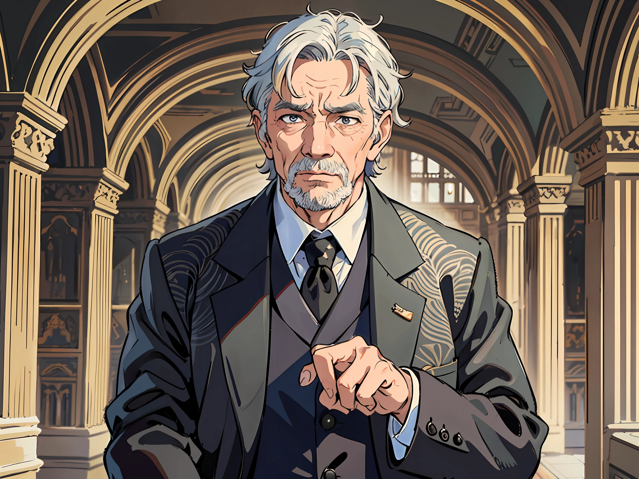 1 old man, man, gray hair, wrinkles, black suit, gorgeous costume, standing inside the palace, runny nose, tears, The background is a luxurious palace