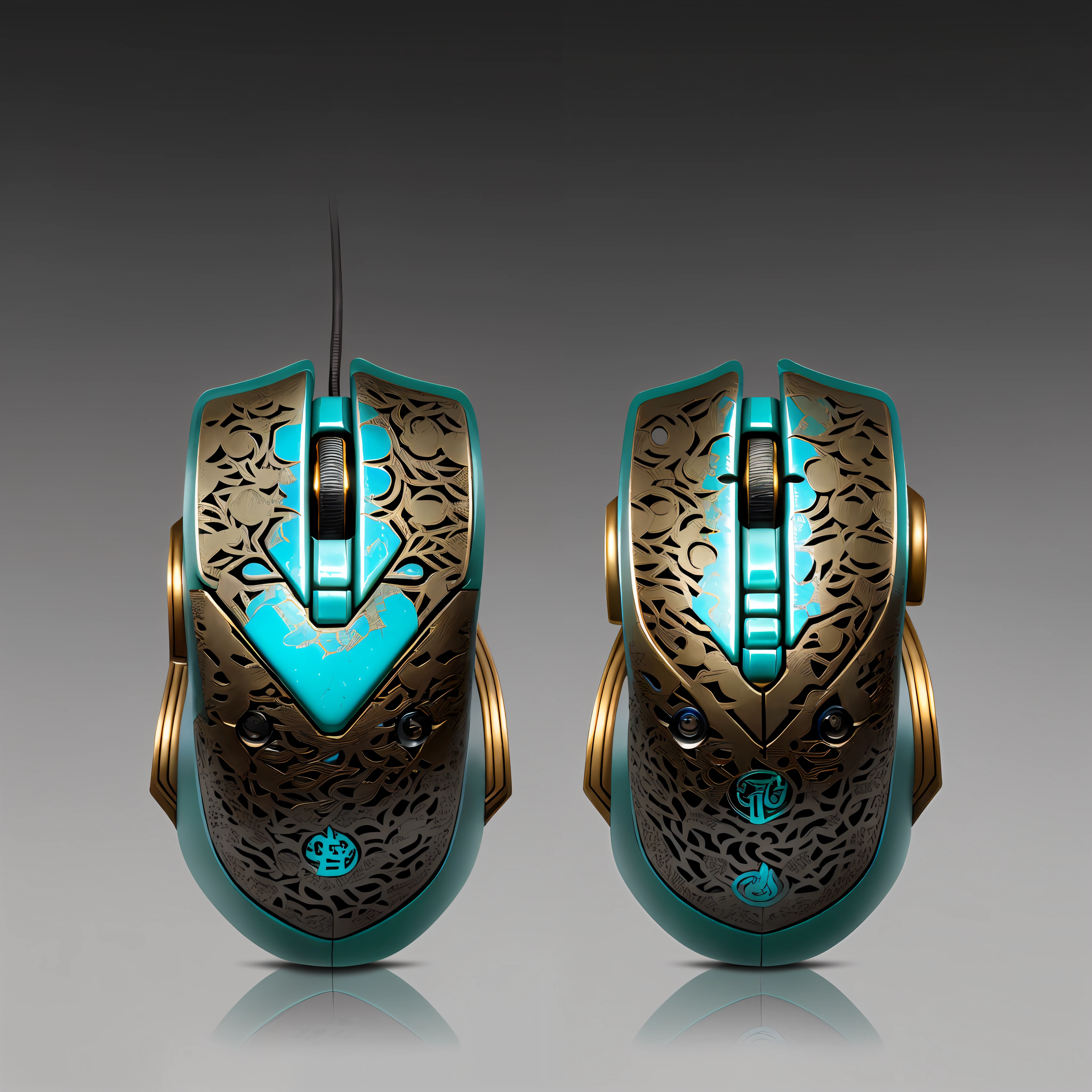 Masterpiece, super high quality, Sanxingdui bronze integrated with mechanical mouse, bronze texture attached to the surface of the mouse, turquoise tone, Chinese style, clear openwork structure, clear mechanical structure, clear texture, extreme details, fantastic colors, fantastic light and shadow, standardized drawing, unified drawing