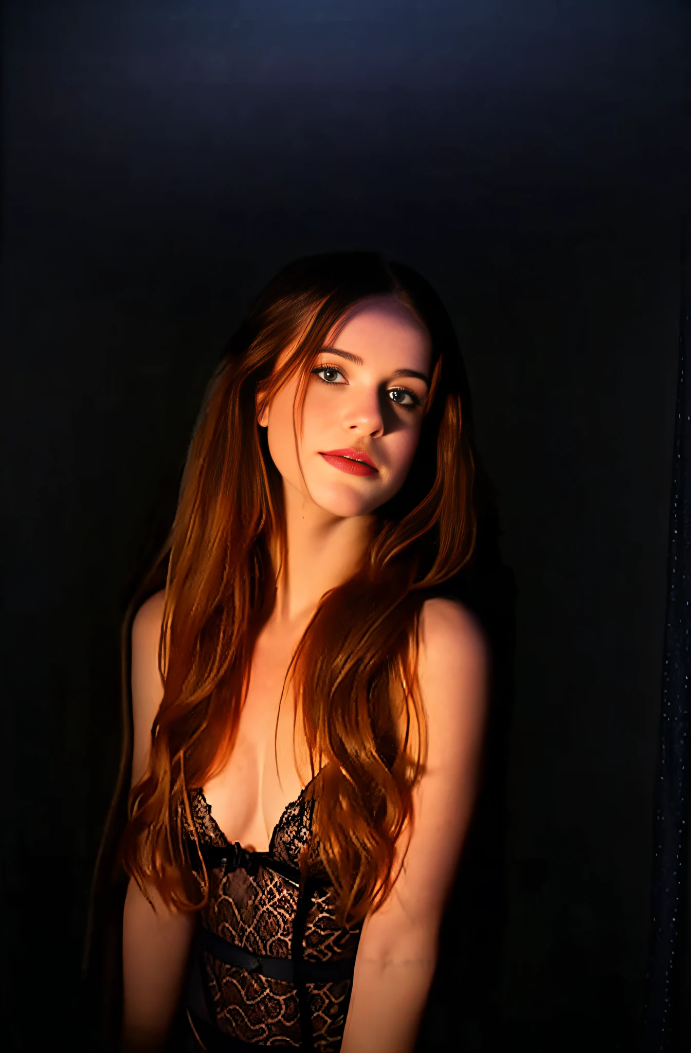 sexy twentytwo year old ginger woman in lace lingerie, long golden tangled hair, rapunzel, beautiful erotic woman, candid photograph, (dimly lit spooky lake:1.3), (dark shot:1.7), photo-realistic, (film grain:1.4), (masterpiece:1.2), sharp image, analog style, award winning photo, best quality,(shot with kodak 400:1.3), sharp,skin pores, (sunkissed freckles on face:0.6), Photo by sally field in color, (shot on Fujifilm X-T4:1.2), angular jawline, high cheekbones, large dull hazel eyes, ( film imperfections:1.2)