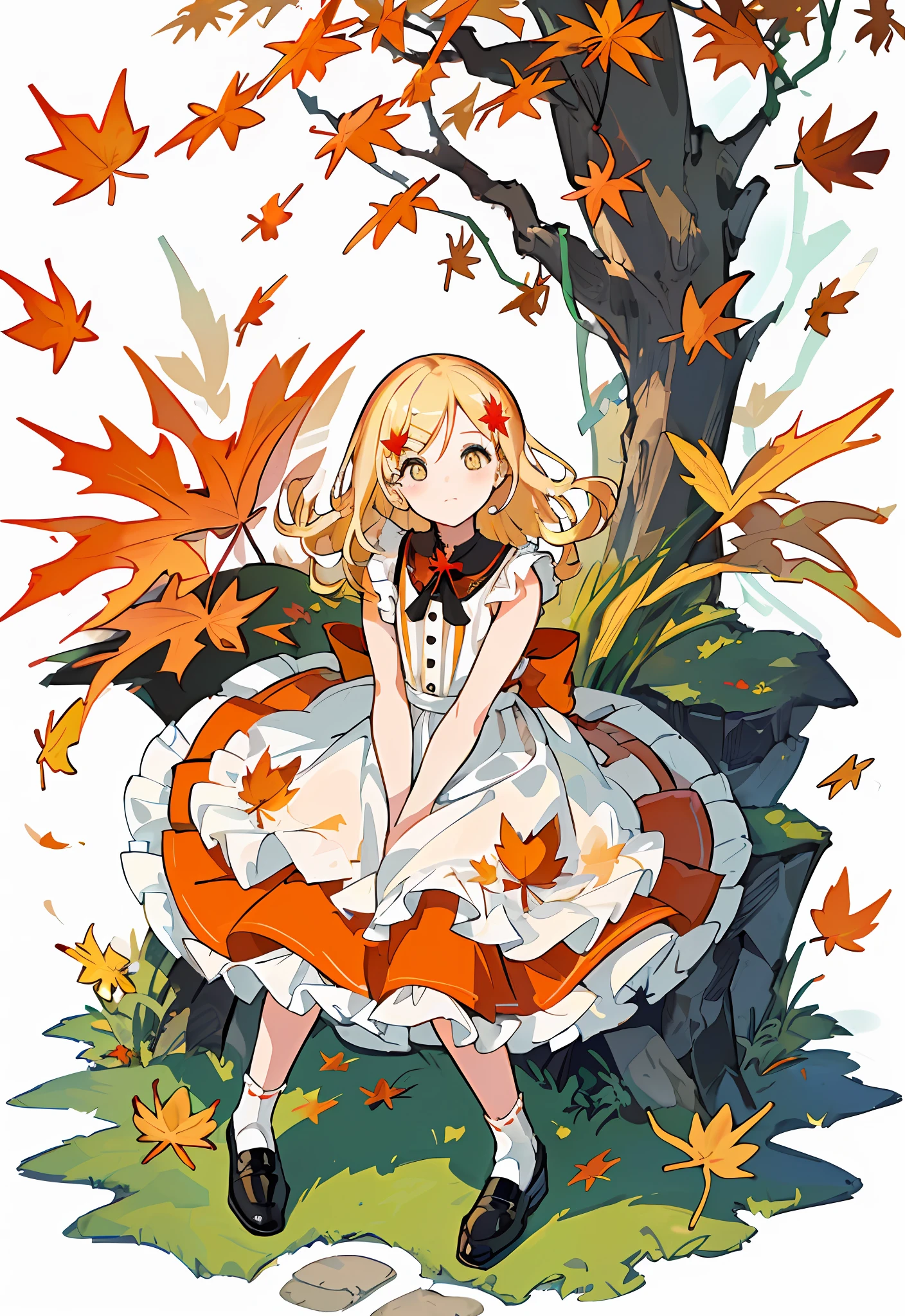Masterpiece, best quality, amazing, complex and refined details, very detailed cute illustrations, very detailed cute wallpapers, high resolution illustrations, dramatic angles, white background, full body,
Solo, (children: 1.3), (cute: 1.0), beautiful cute eyes, extremely cute face, long blonde hair, yellow eyes, (beautiful details eyes: 1.2), flat chest, (aki_shizuha: 1.3), sitting, white_frilled_blouse, upper_body, cat ears, (wet clothes: 1.3),
(cute red dress: 1.4), blonde hair, maple_leaves, socks, shoes, cute movements, cute expressions, (arms behind back: 1.1), (maple_ leaf_hairpin:1.4),