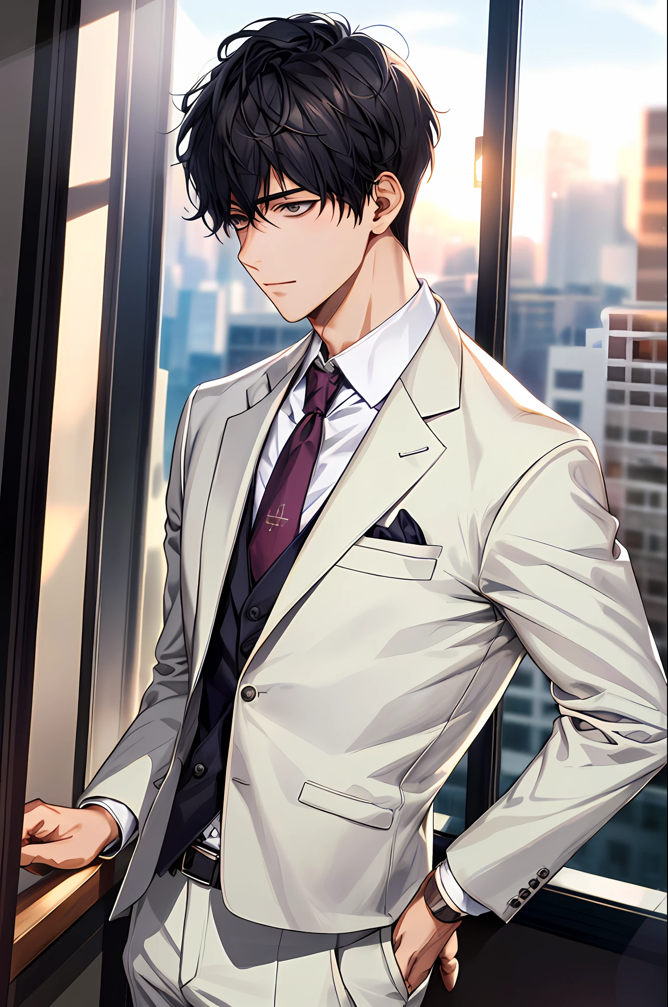 1boy, face focus, adult, business suit, jacket, white shirt, necktie, pants, best quality, hires, detailed face, office, buildings from window, detailed background, diffused sunlight, depth of field, bokeh