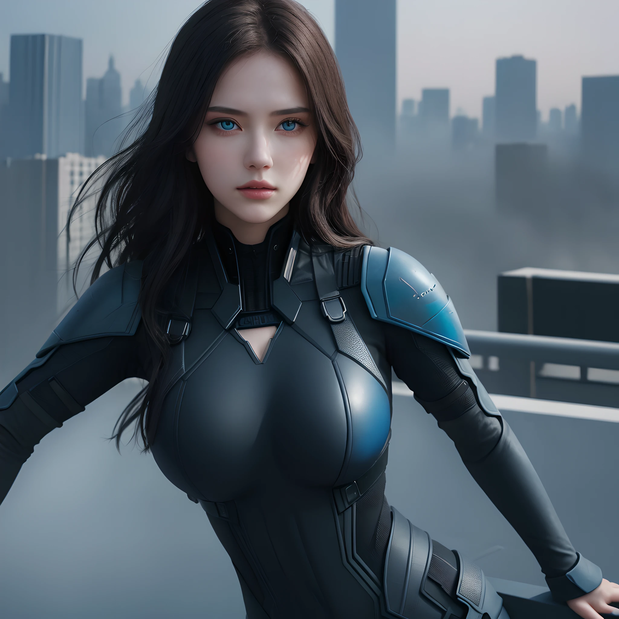 (1girl:1.3), Solo, (((Very detailed face)))), ((Very detailed eyes and face)))), Beautiful detail eyes, Body parts__, ((big breast)), Unified 8k wallpaper, Super detailed, beautiful , beautiful, masterpiece, best quality, original, masterpiece, super fine photo, best quality, super high resolution, realistic realism, sunlight, full body portrait, amazing beauty, dynamic pose, delicate face, vibrant light color eyes, (from the front), She wears black widow suit, blue and black color scheme, (clevage) , very detailed city roof background, rooftop, overlooking the city, detailed face, detailed complex busy background, messy, gorgeous, milky white, highly detailed skin, realistic skin details, visible pores, clear focus, volumetric fog, 8k , DSLR, high quality, film grain, fair skin, photo realism, Lomography, futuristic dystopian megalopolis,