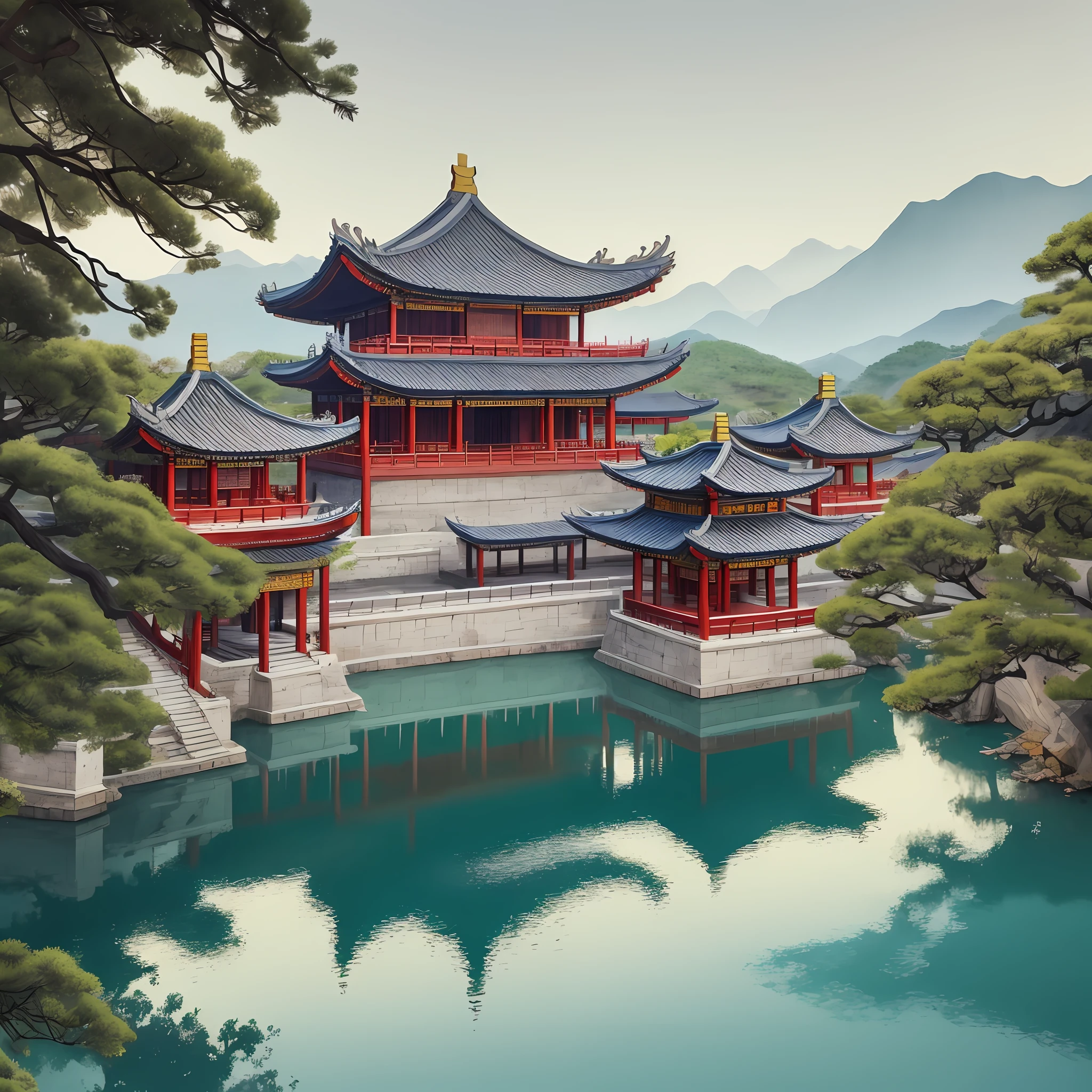 Ancient Chinese architecture, pavilions, carved beams and columns, beautiful mountains and waters, ink painting style, clean colors, white space, freehand, masterpieces, super detailed, epic composition, high quality, highest quality, Tibetan color, medium and long range 4k --auto --v 6 --s2