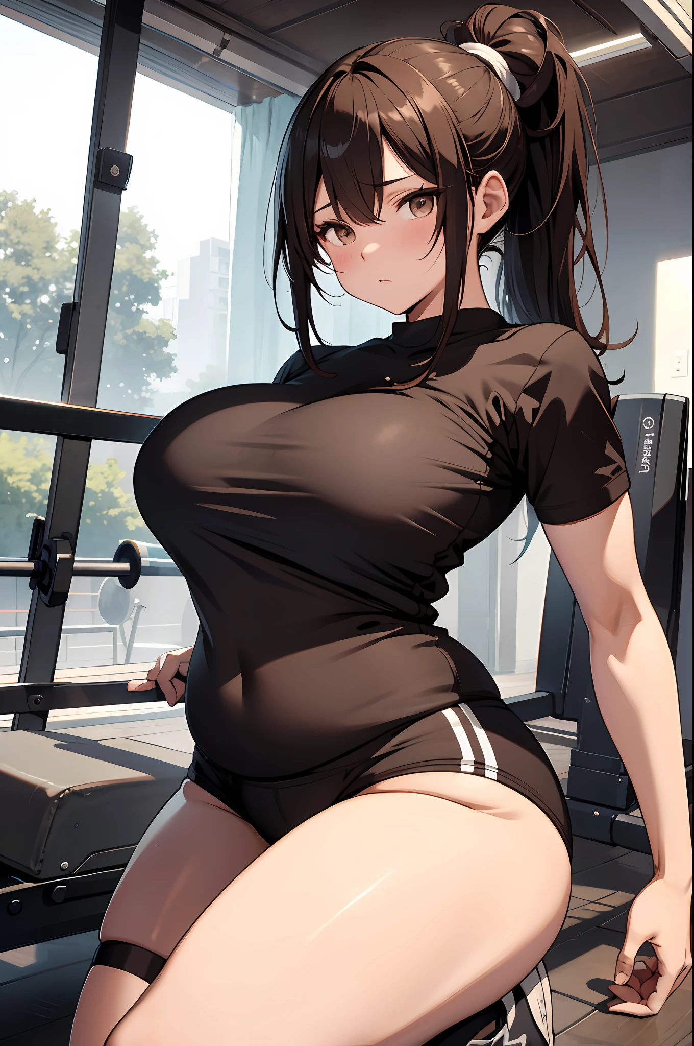 big, thighs, gym clothes, bloomers, emphasizing breasts, arms behind, gravure, erotic look, estrus face, brown hair, ponytail, countryside