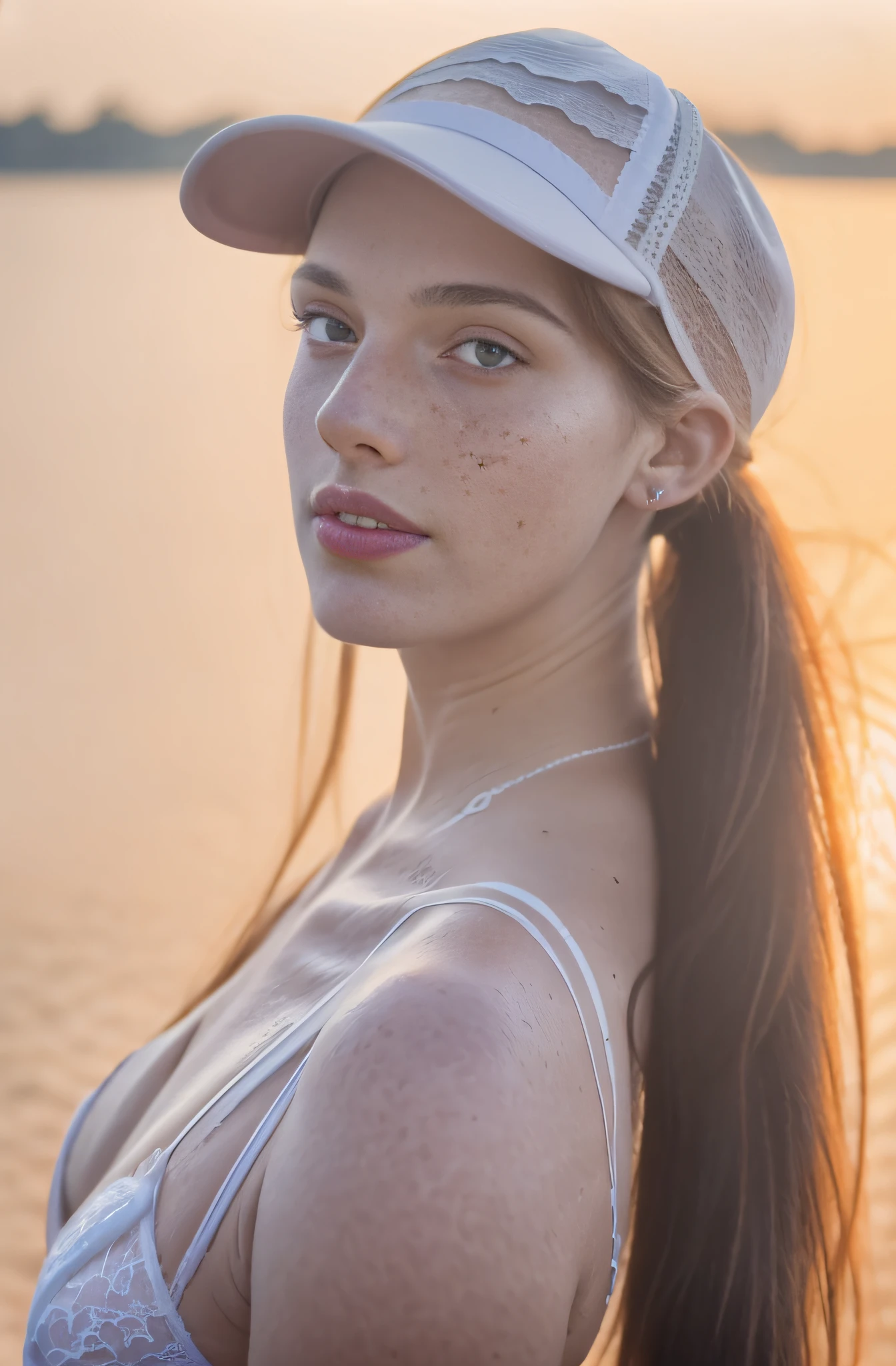 Detailed and realistic photography of a woman with freckles, round eyes and long messy ponytail, baseball cap, dawn light, sunglow, wearing white lingerie skin texture, chapped lips, dramatic natural lighting, portrait photography, 85mm lens, magical photography, dramatic lighting, photo realism, ultra-detailed, Cinestill 800T