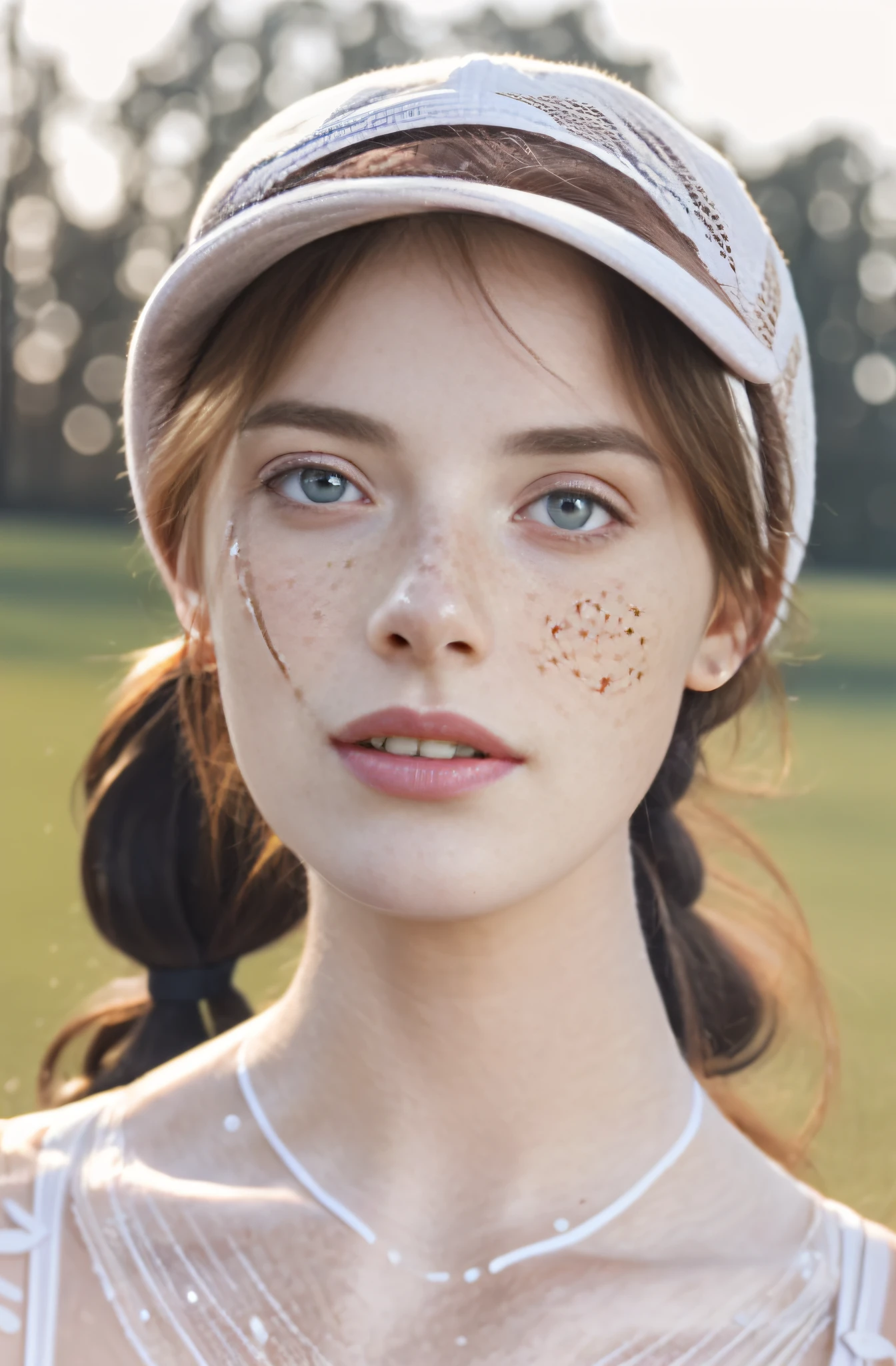 Detailed and realistic photography of a woman with freckles, round eyes and long messy ponytail, baseball cap, dawn light, sunglow, wearing white lingerie skin texture, chapped lips, dramatic natural lighting, portrait photography, 85mm lens, magical photography, dramatic lighting, photo realism, ultra-detailed, Cinestill 800T