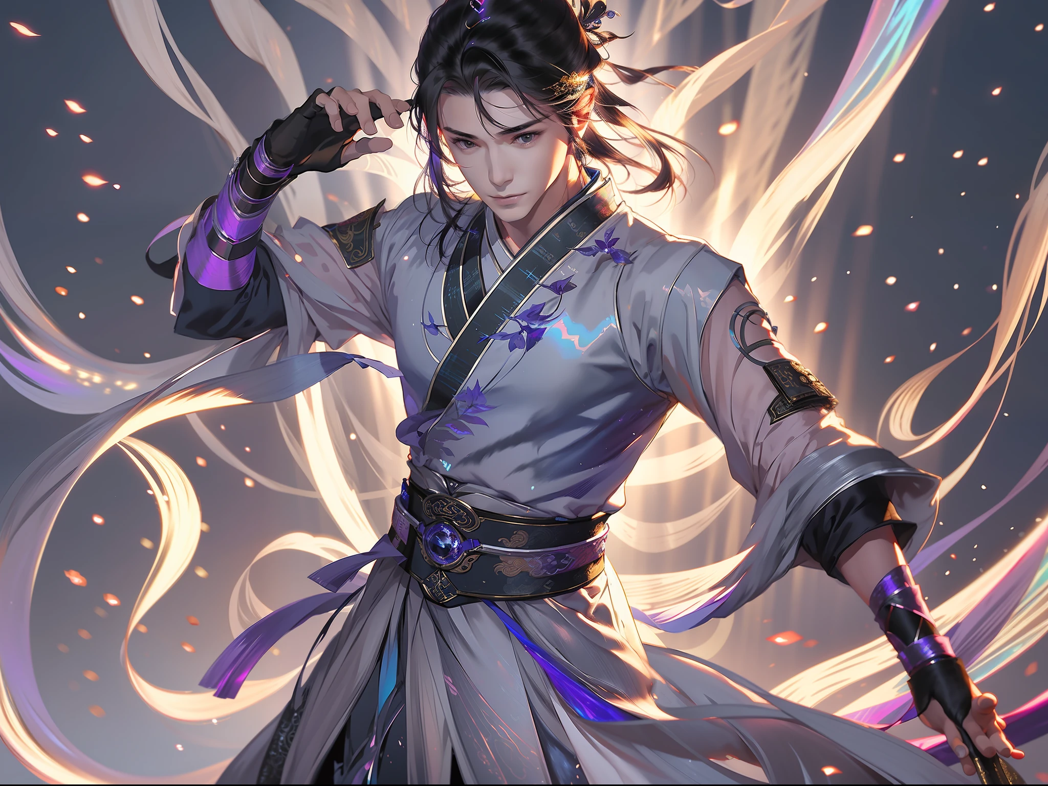 A handsome Chinese boy, half-body, fighting posture, sharp eyes, clear facial features, wearing Hanfu, body surrounded by black and purple mist, runes around, holographic reality, holographic halo, motion blur, game light effects, edge light, soft light, movie edge light, delicate light