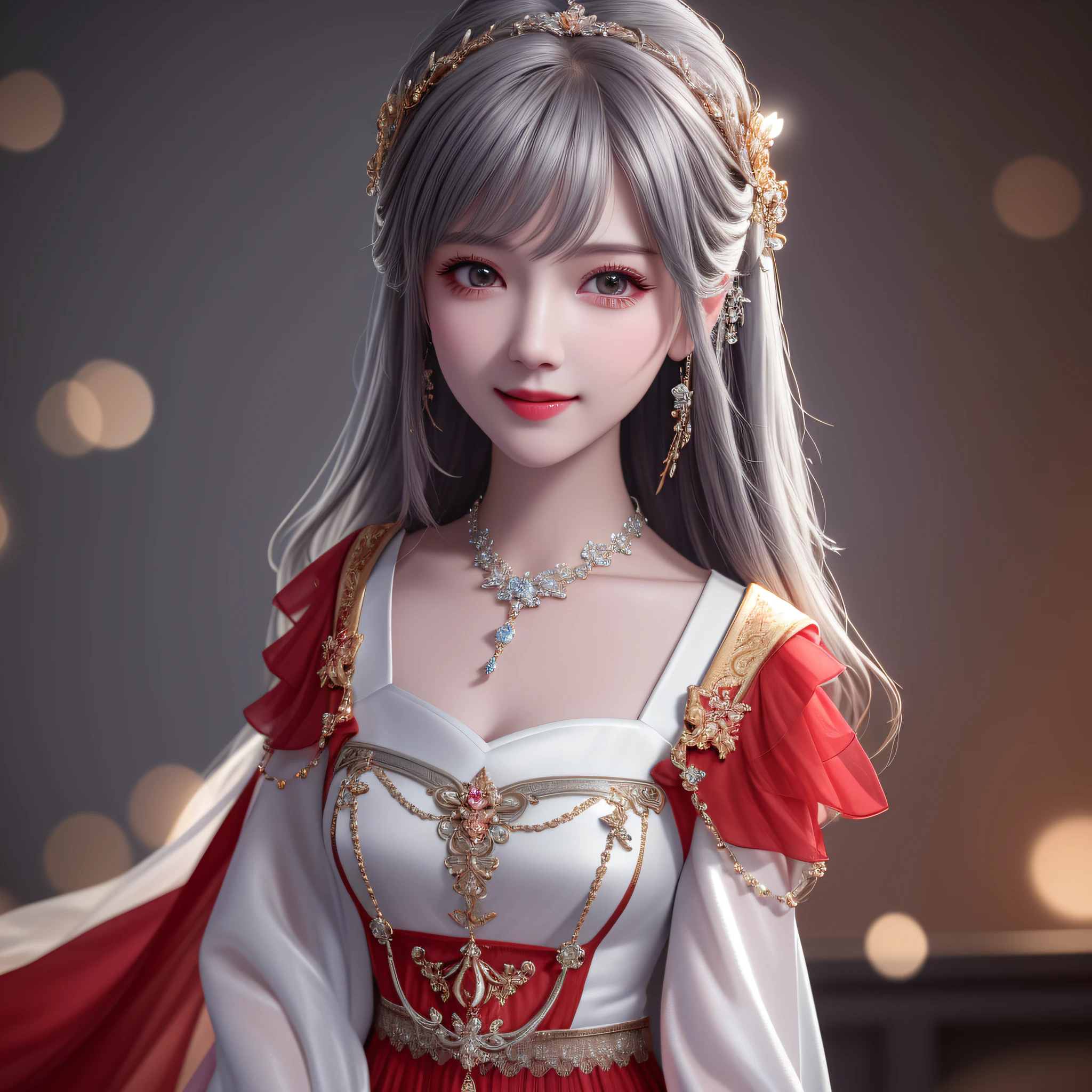 Best Quality, Masterpiece, High Resolution, 1 Girl, Porcelain Dress, Hair Accessories, Necklace, Jewelry, Beautiful Face, Physics, Tyndall Effect, Realism, Dark Studio, Edge Lighting, Two-tone Lighting, (High Detail Skin: 1.2), 8k UHD, DSLR, Soft Light, High Quality, Volumetric Light, Voyeur, Photo, High Resolution, 4K, 8K, Background Blur, (Full Body 1.9), (Exposed Chest 1.6), (Gray Hair 1.4), (Red 1.5), (Bangs 1.3), (Smile 1.5), (Cute 1.2), (Big Bust 1.5)