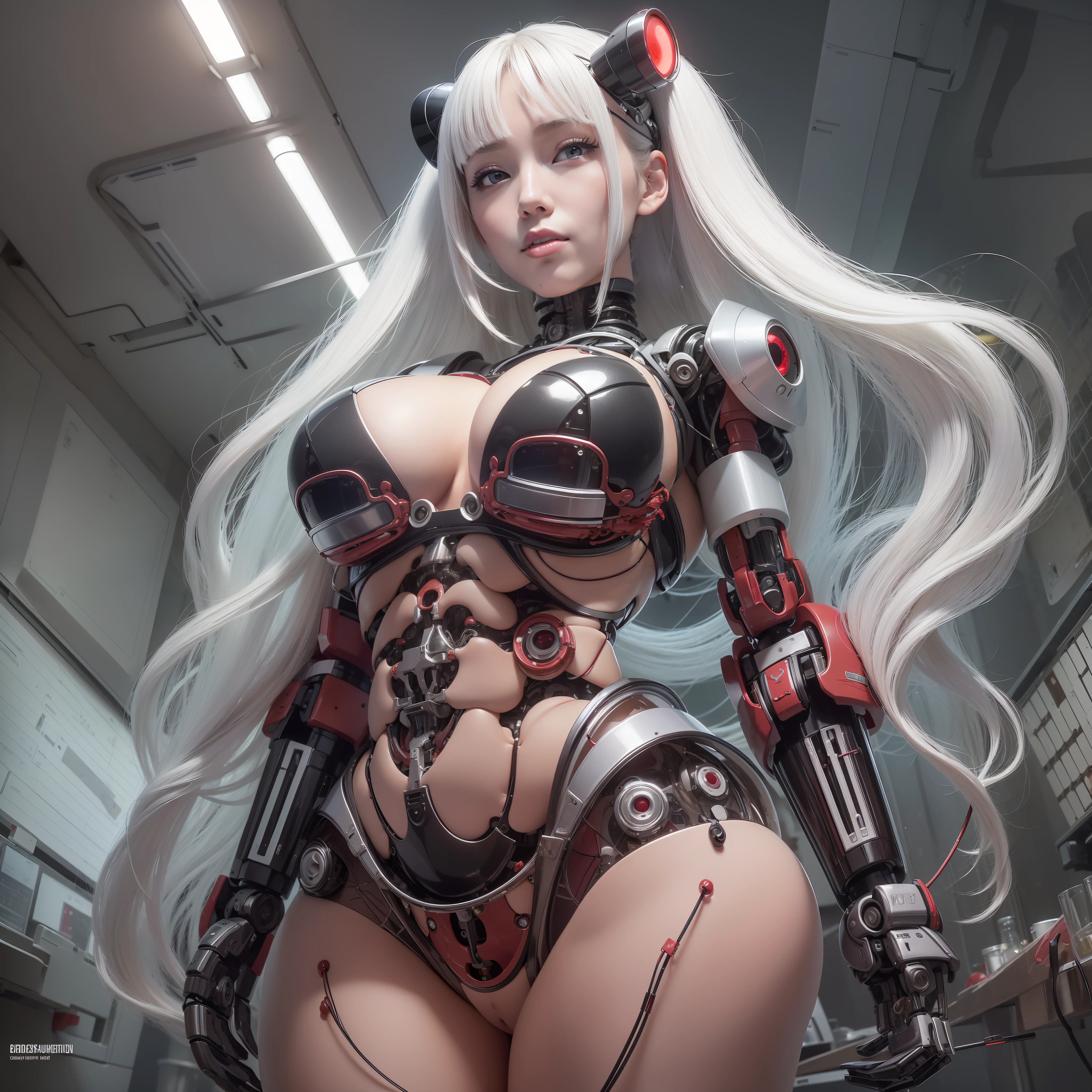 Beautiful Face,face is Japan, 1 Woman, Big, Curvaceous,(8k, RAW photo, top quality, masterpiece: 1.2)(Realistic, Photorealistic: 1.37) (Blood vessel attached to tube)((((Bikini Cyborg robot parts)))), (Light gray hair), Long hair, Wavy hair, Twin tails, Medium shot, ((Seductive smile) ), (Black Eyes), Hime Cut,From Below,(whole body),posing,,Inside the lab,( Blood vessel connected to a tube),((Mechanical vertebrae attached to the back)),((Mechanical neck attached to the neck)),(Wire and cable attached to the head and body),(Character Focus),Science Fiction,